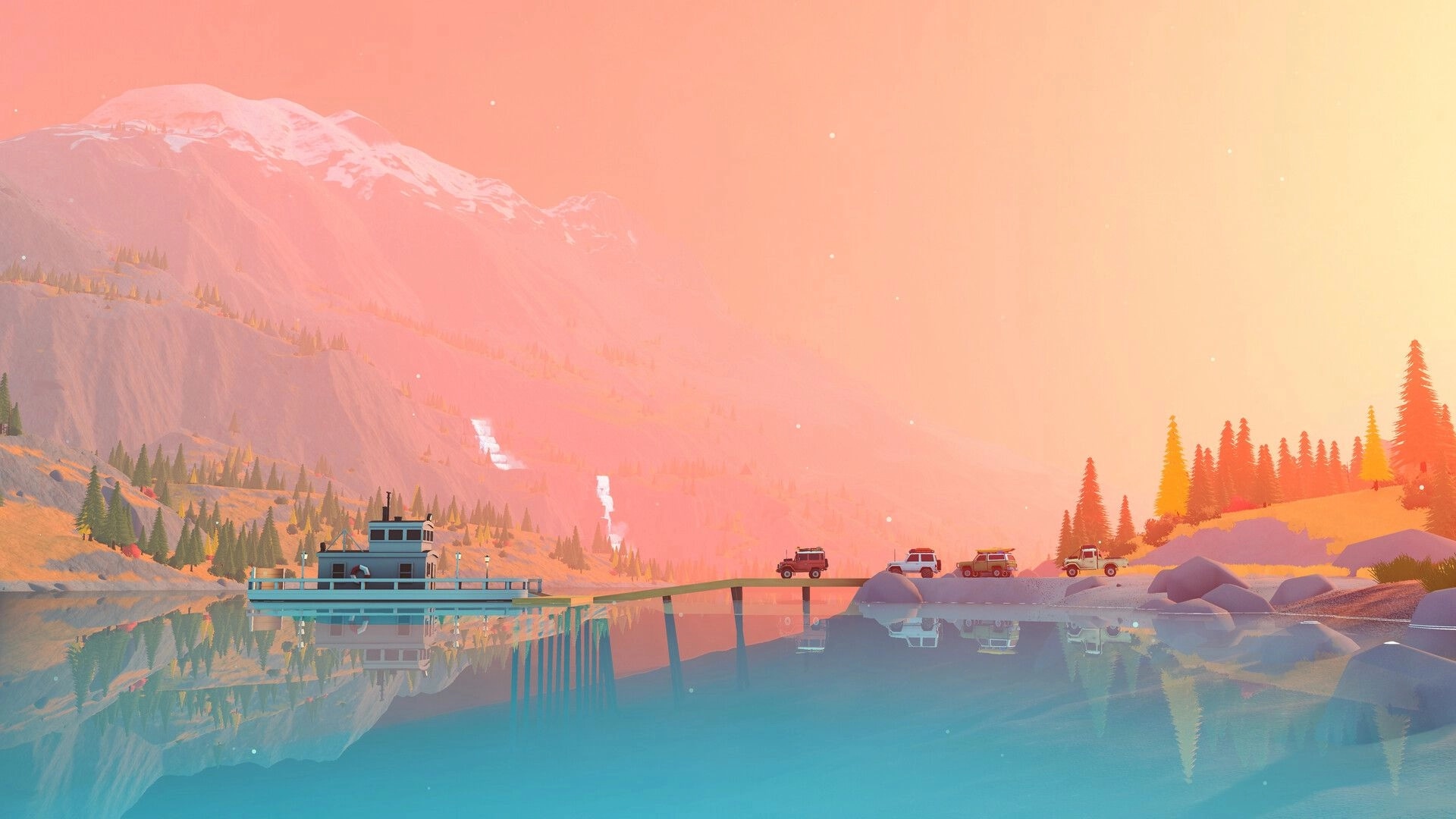 over the hill: four off-road vehicles parked by a pier on a calm lake at sunset with mountains behind.