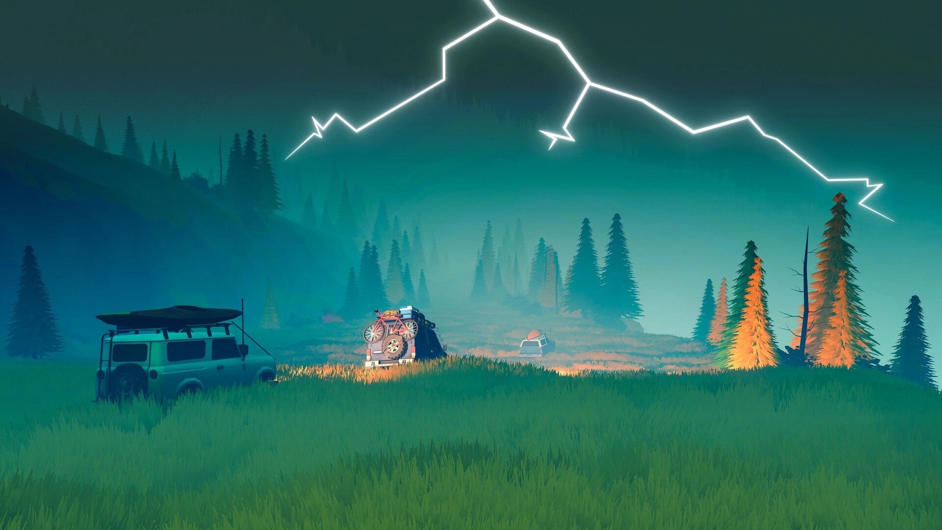 over the hill: three offroad vehicles parked in grassy clearing under lightning in misty pine forest.