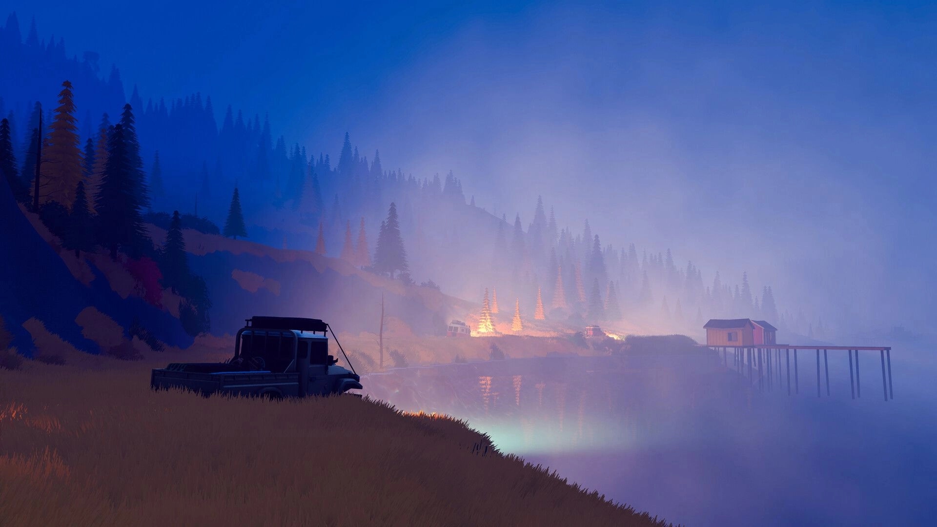 over the hill: parked off-road pickup on grassy lakeshore beside foggy pine hills and stilt cabin dock.