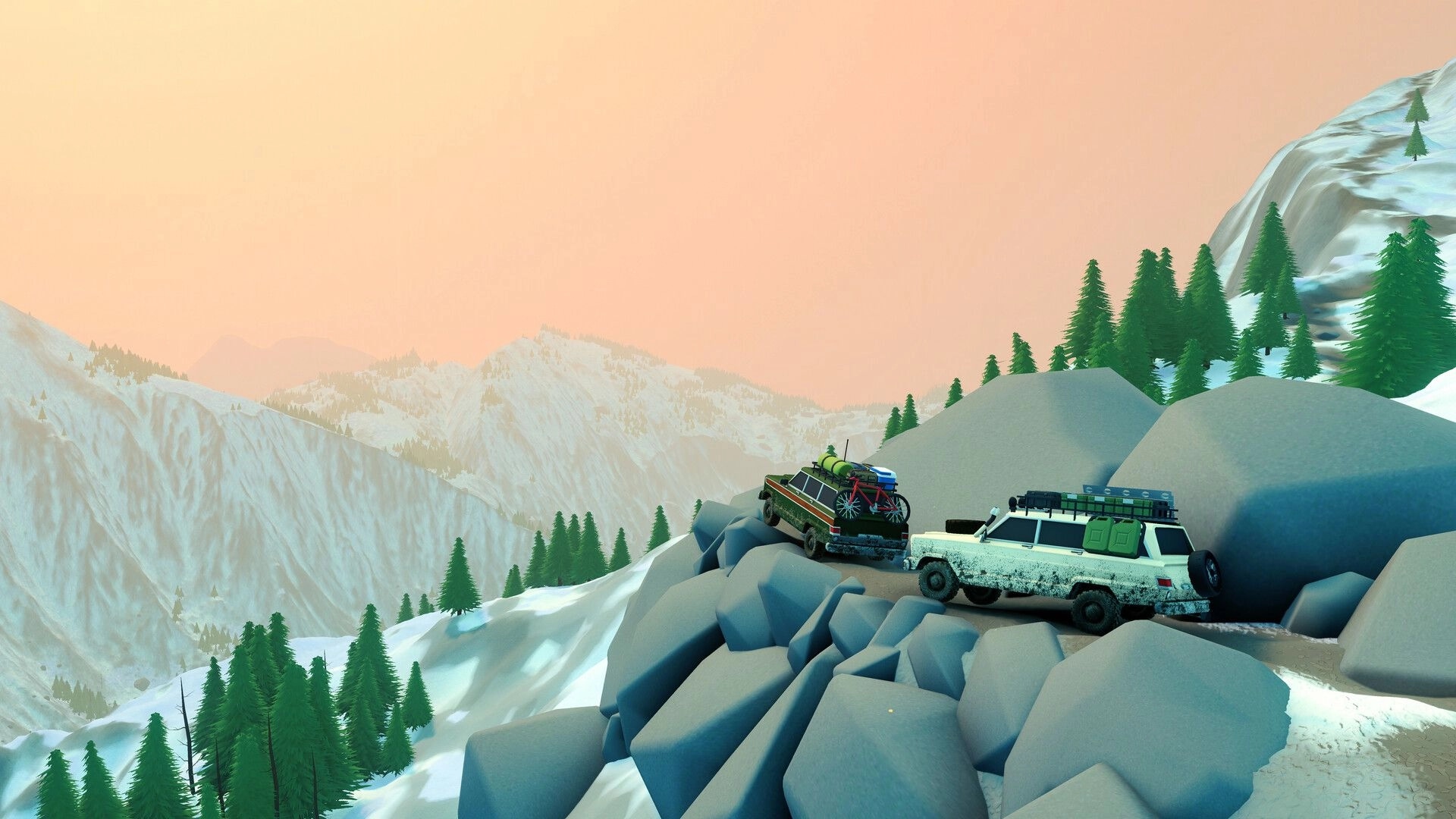 over the hill: Two off-road vehicles parked on a rocky ledge above snowy pine mountains at sunset.