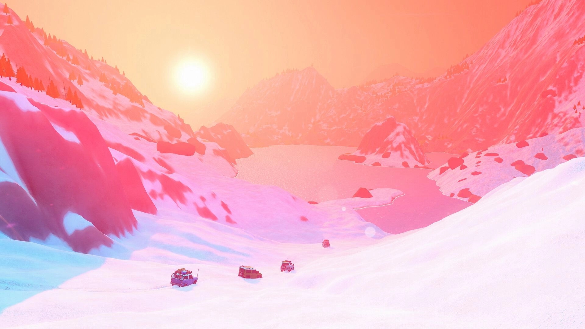 over the hill: four off-road vehicles drive across snowy slopes toward a frozen lake at sunrise.
