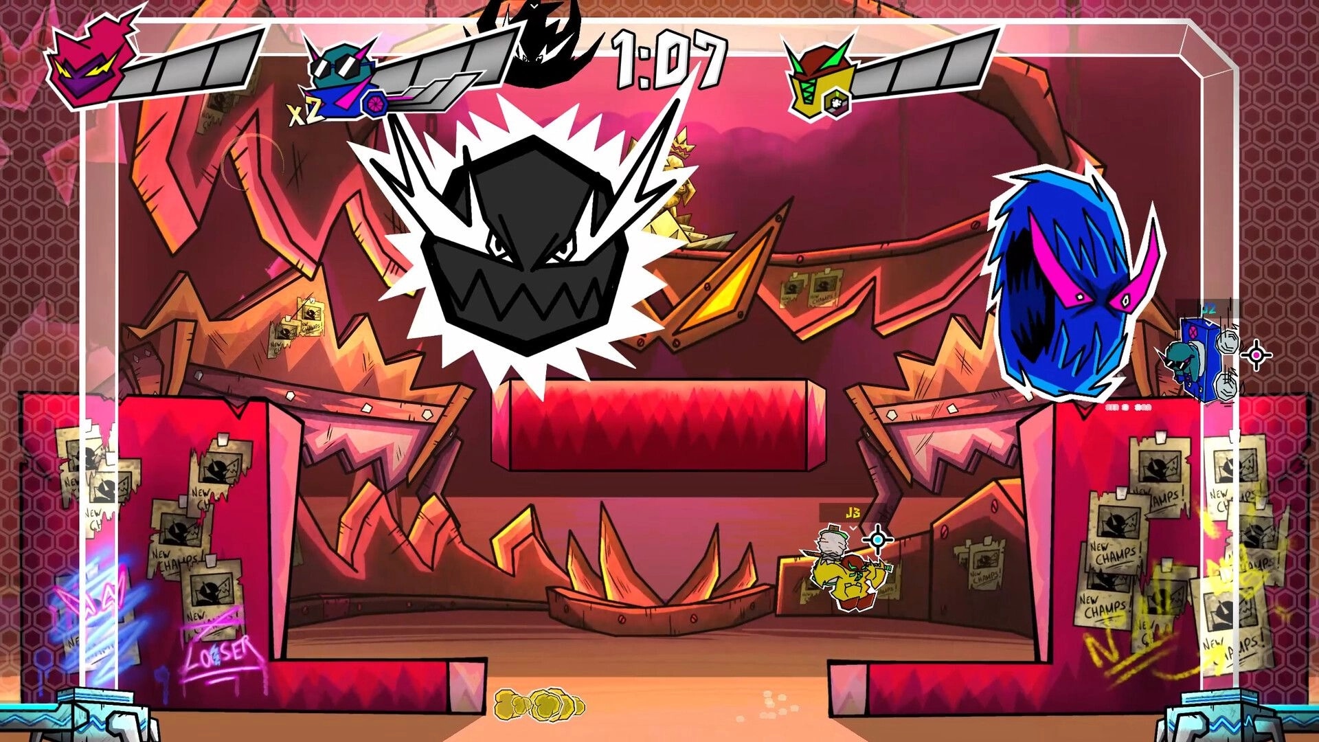 OVERALL THE BALL: Colorful characters dodge giant ball in vibrant arena with timer and health bars visible