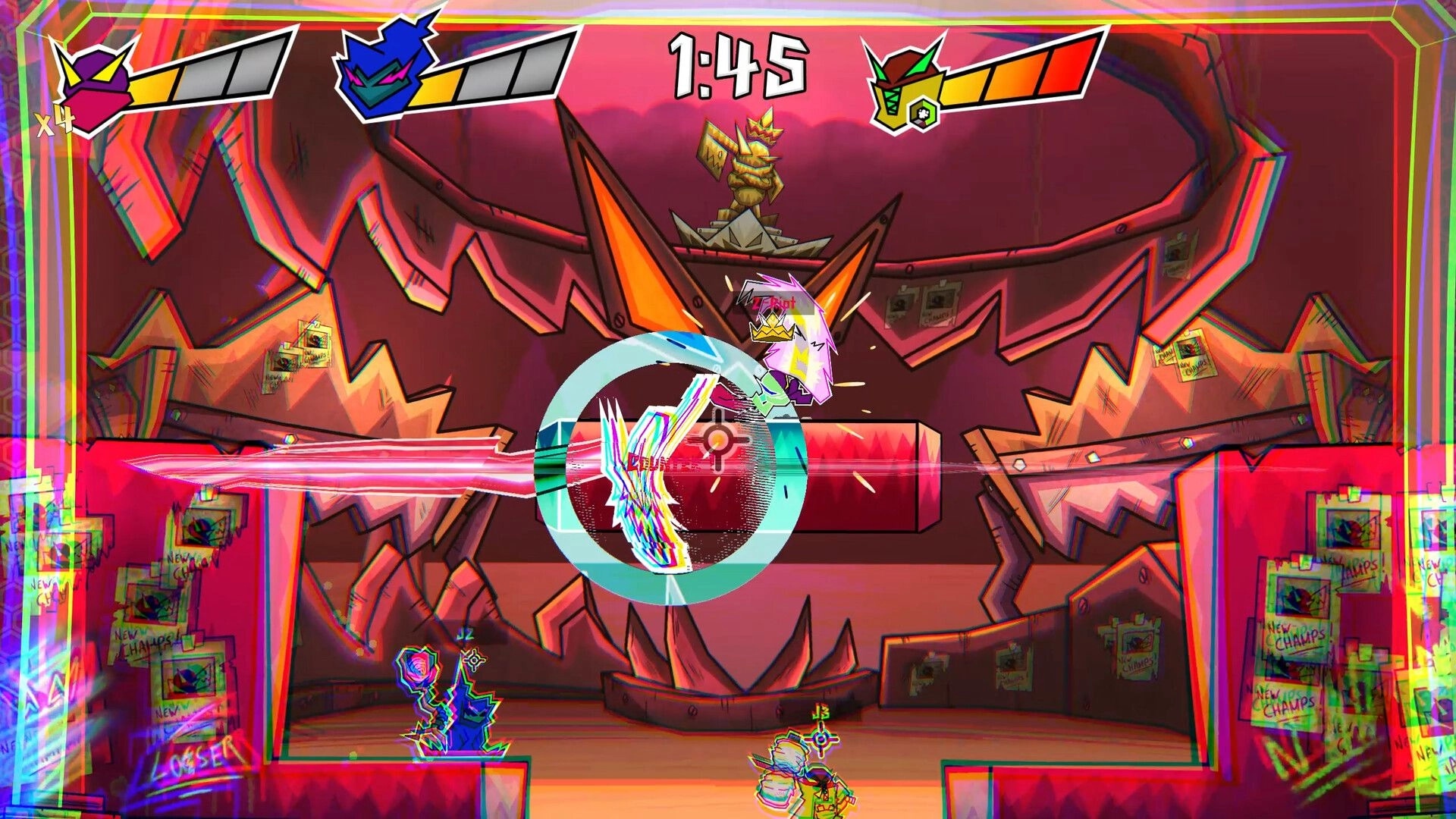 OVERALL THE BALL: Intense arena battle with colorful characters and power-ups in a vibrant, chaotic setting.