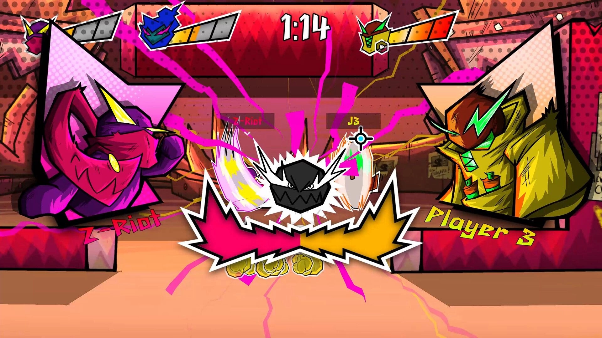 OVERALL THE BALL: Colorful characters Z-Riot and Player 3 face off with timer in vibrant arena setting