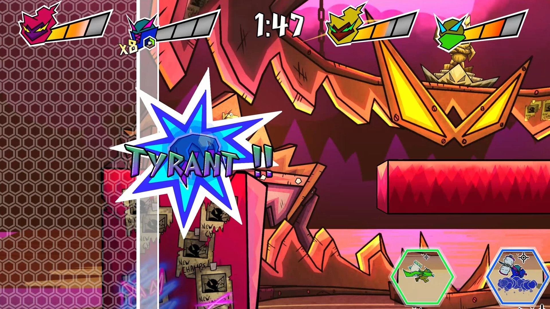 OVERALL THE BALL: Colorful arena with health bars, timer, and "TYRANT" alert over hexagonal icons.