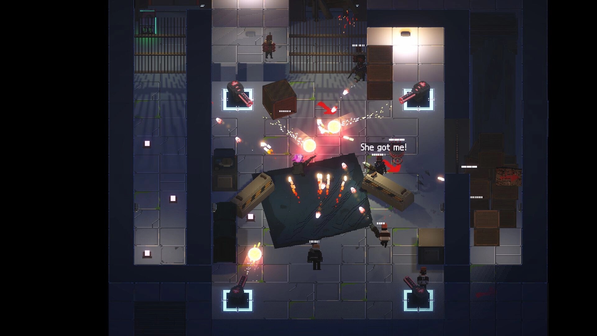 Overdawn: Top-down firefight with bullets and explosions around cover in a neon-lit industrial room.