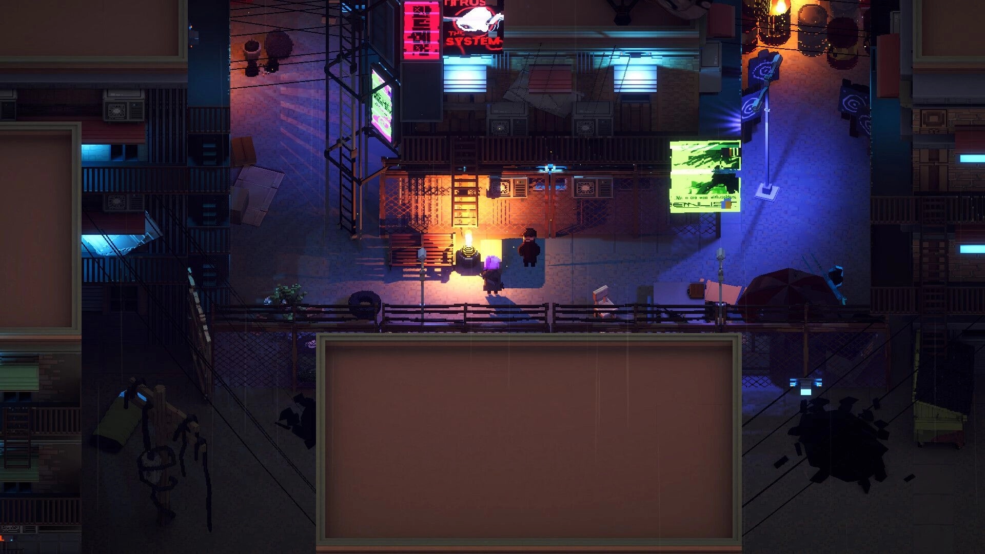 Overdawn: Two figures stand by a barrel fire under neon signs in a rainy alley walkway.