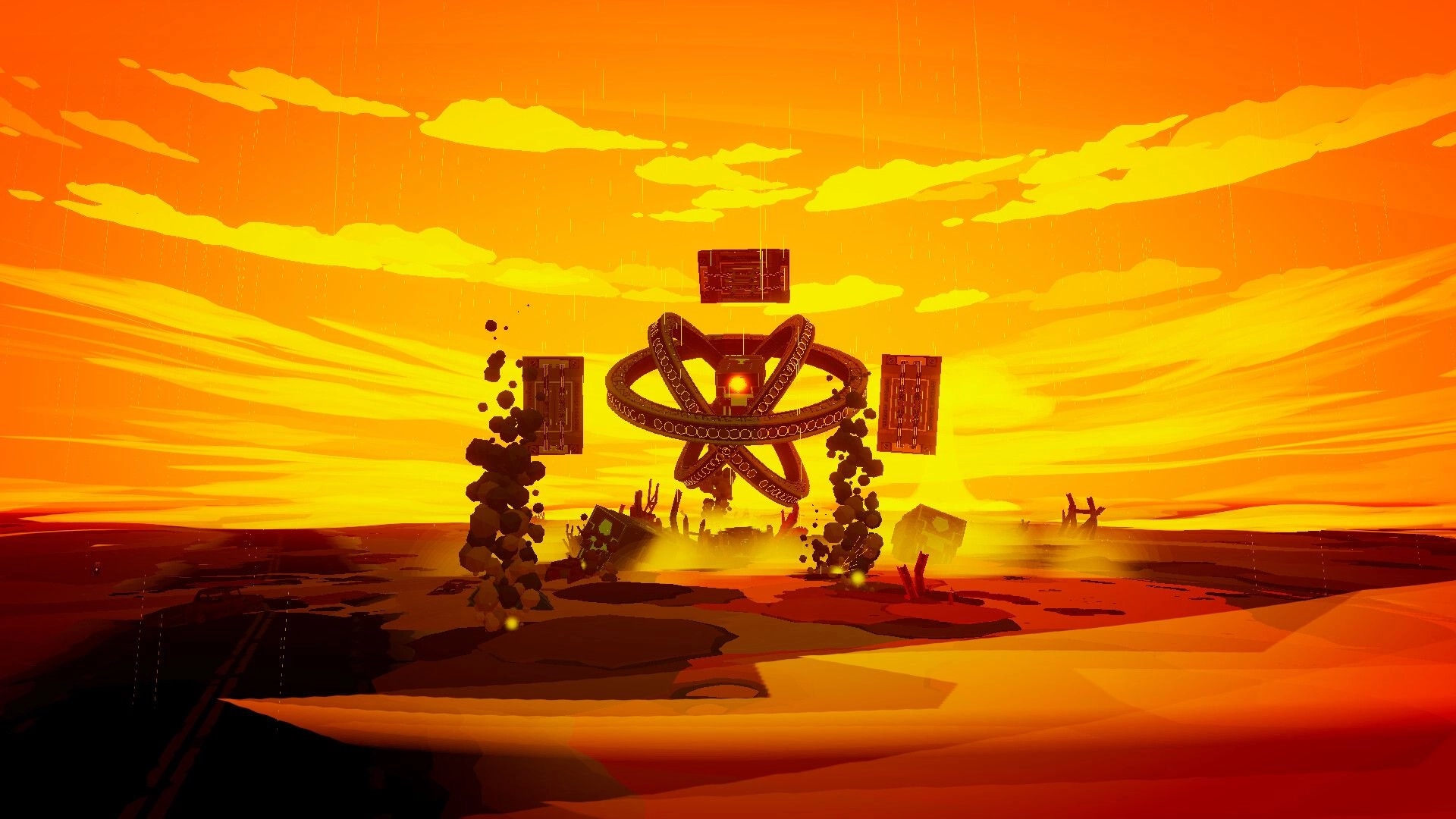 Overdawn: Giant ringed machine hovers over scorched ground under orange sky with falling ash.