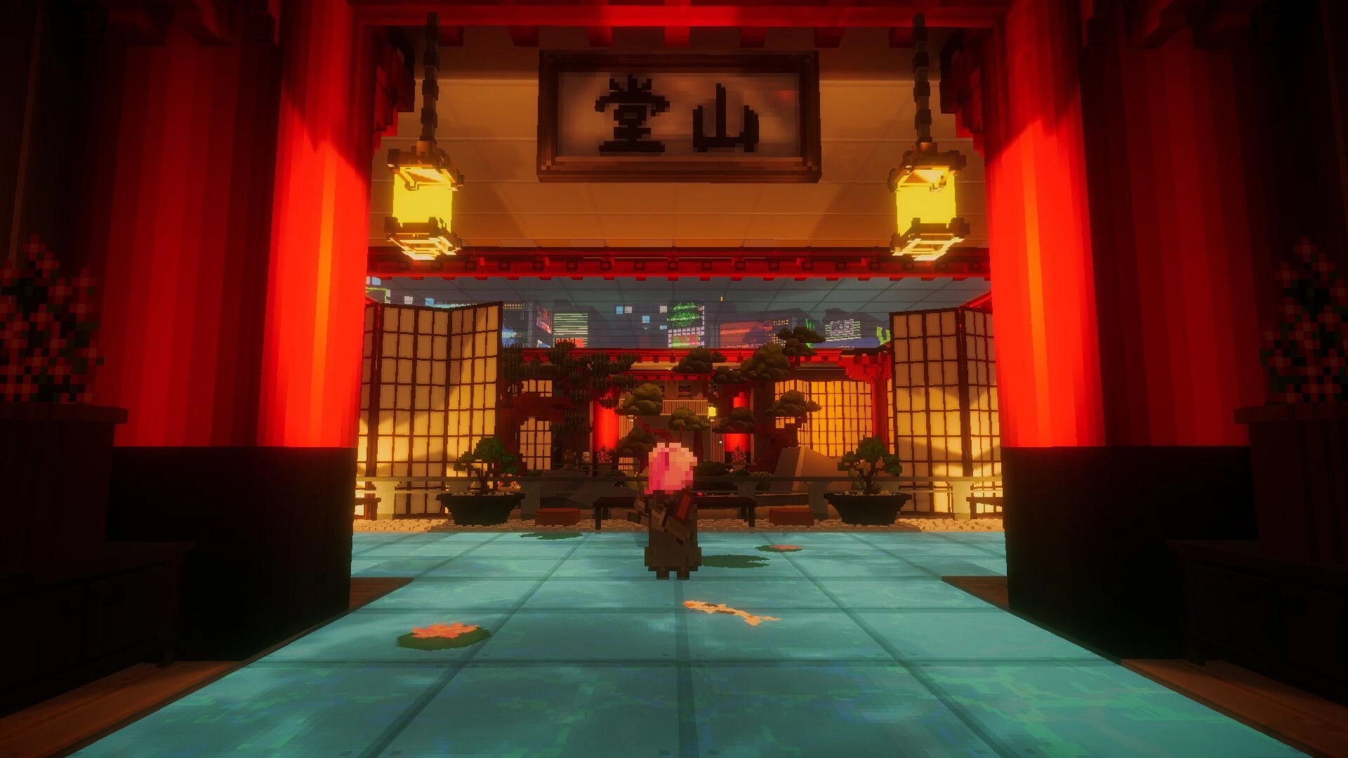 Overdawn: Lone character walks through red lantern gate into a neon-lit courtyard with bonsai trees.