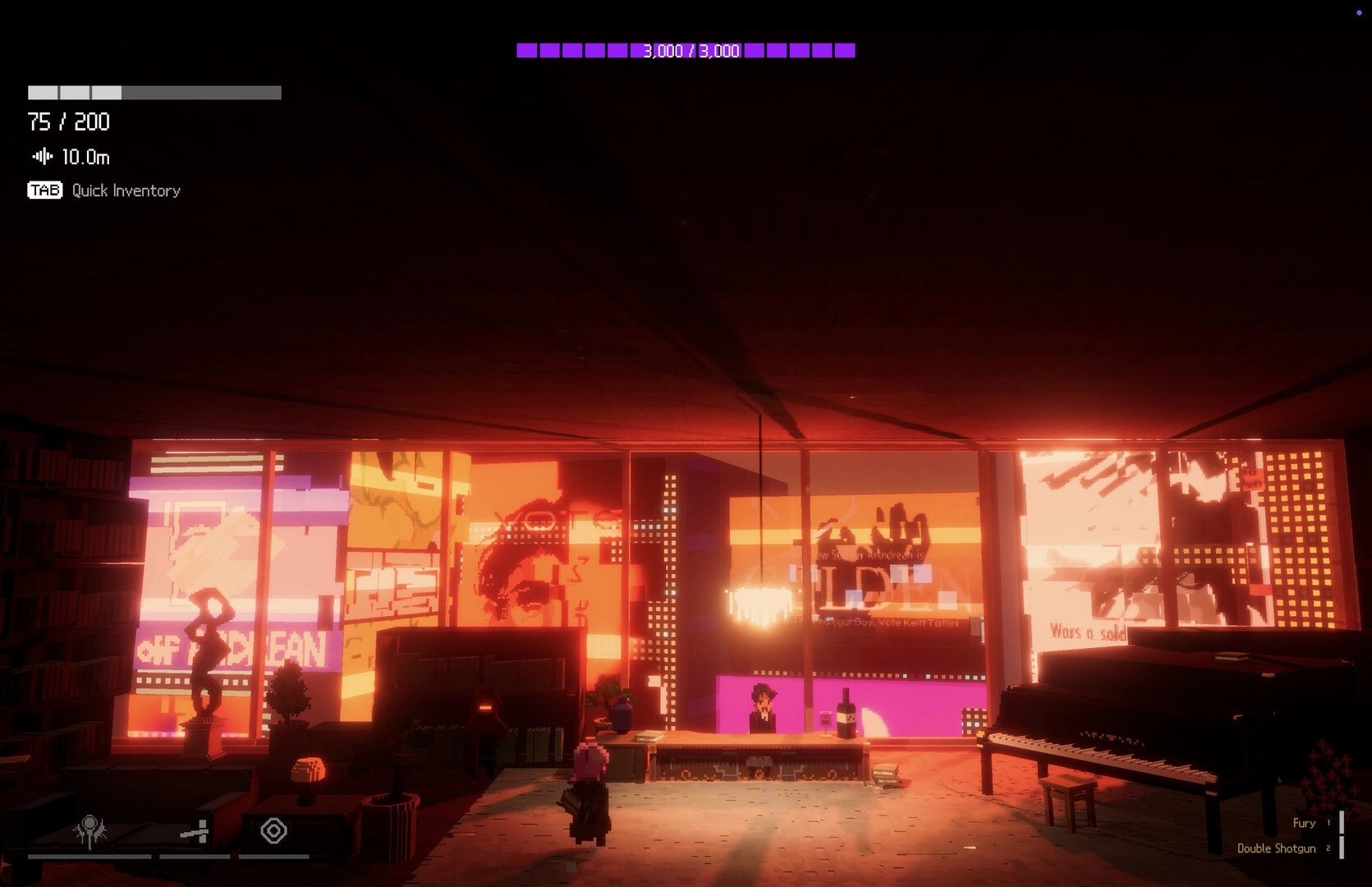Overdawn: Lone character in loft with HUD and weapon icons, neon billboards glowing outside windows.