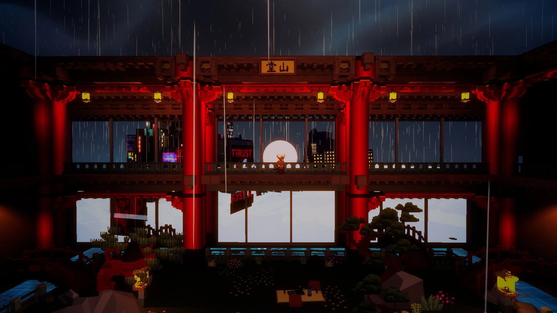Overdawn: Lone character stands on a red pagoda balcony in rain, neon city skyline behind.