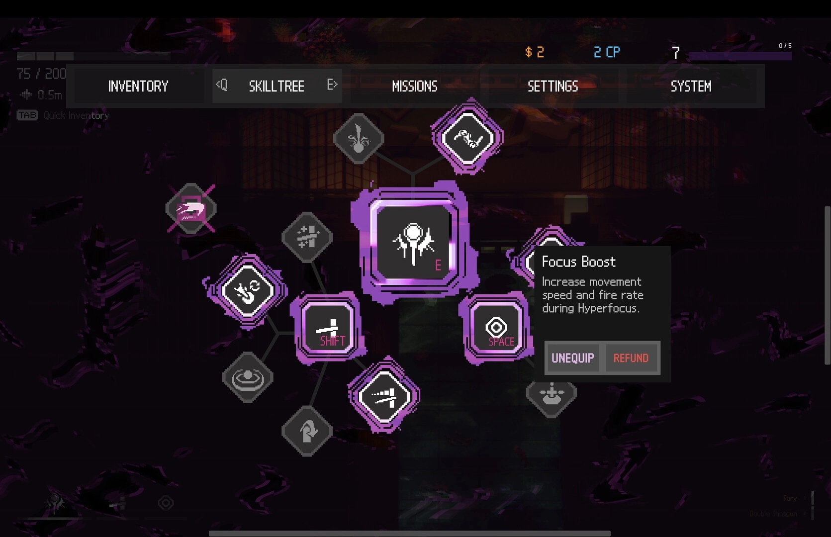 Overdawn: Skill tree menu highlighting Focus Boost perk with unequip and refund buttons UI overlay.