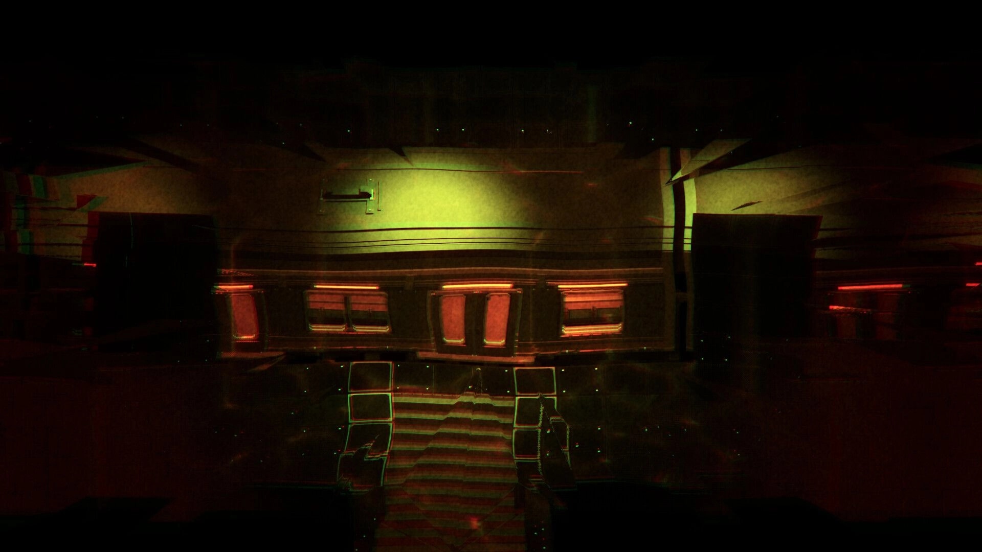 Overdawn: Empty subway platform with glowing train doors and CRT-style scanline distortion underground.