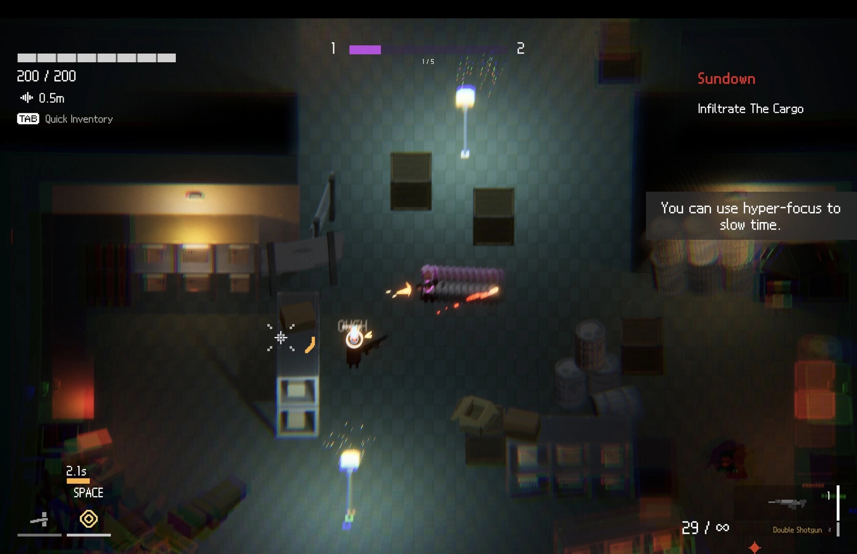 Overdawn: Top-down firefight with shotgun blasts and hyper-focus tip inside a cargo warehouse room.