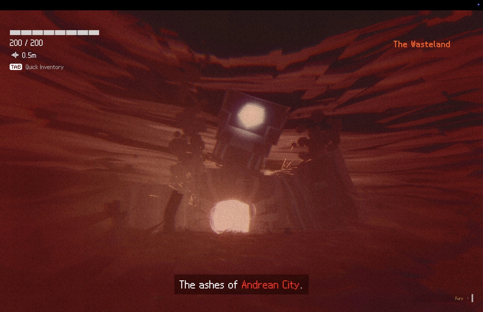 Overdawn: Blurred slow-motion view of a glowing tunnel entrance in The Wasteland with 200/200 HUD.