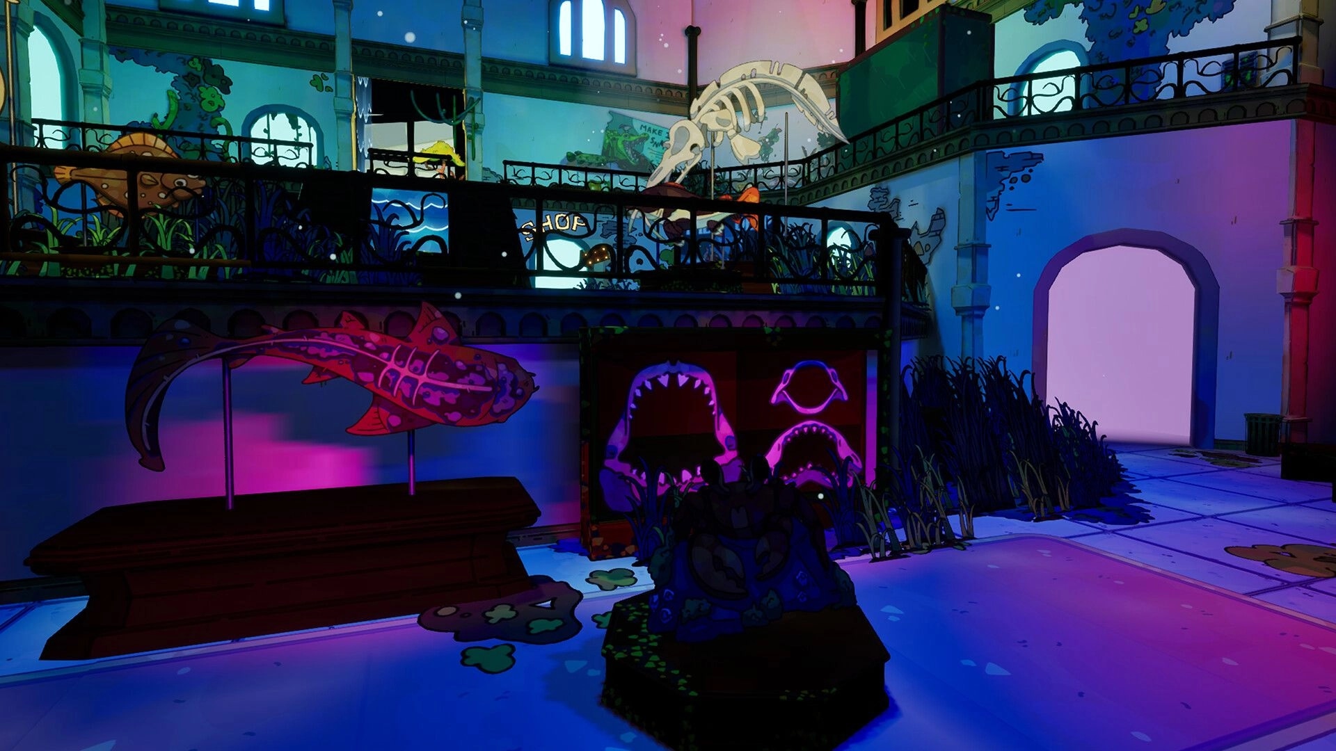 Overgrown!: Vibrant museum exhibit with dinosaur skeletons and glowing fish under colorful lighting.