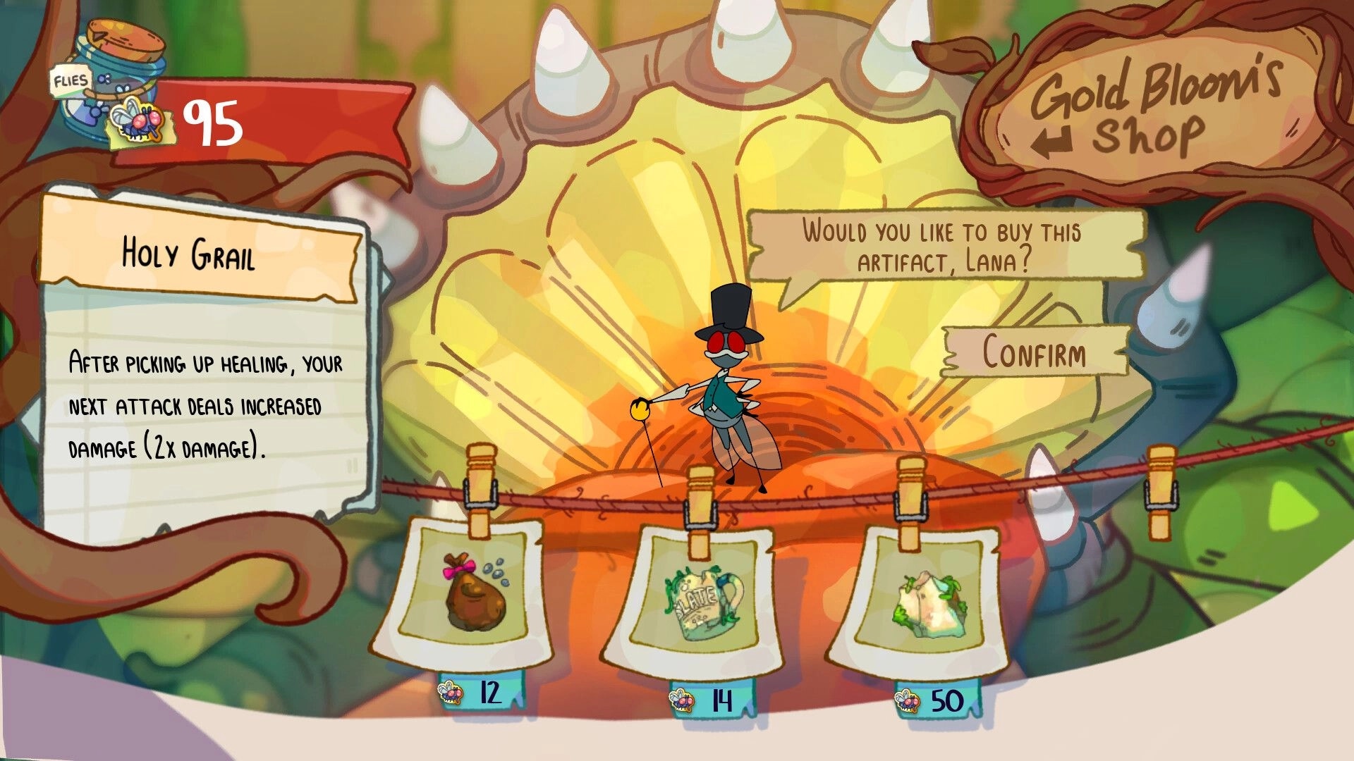 Overgrown!: Gold Bloom's Shop with item descriptions and a character named Lana interacting with NPC