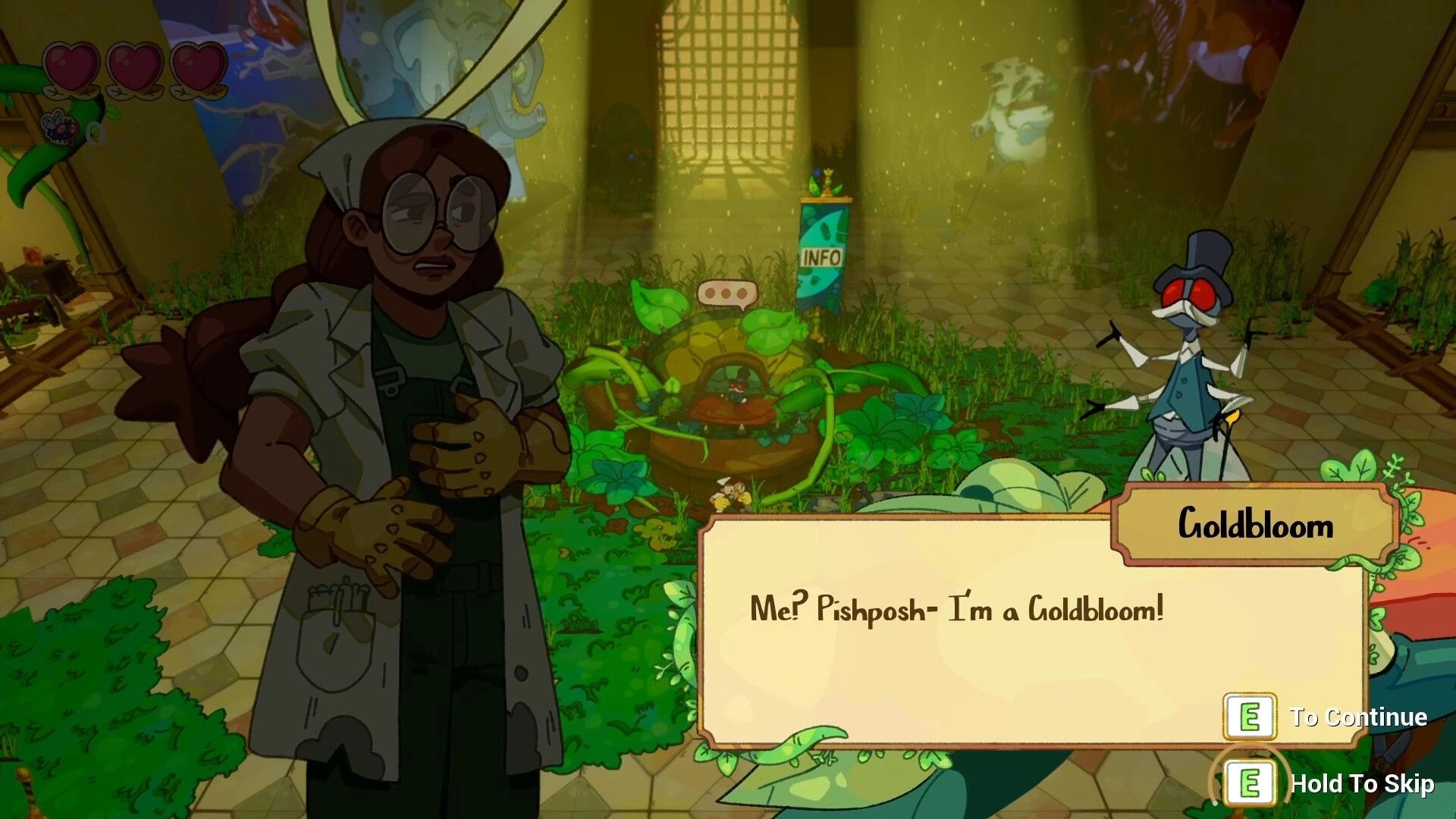 Overgrown!: Dialogue with Goldbloom and scientist in plant-overrun museum hall, text options visible