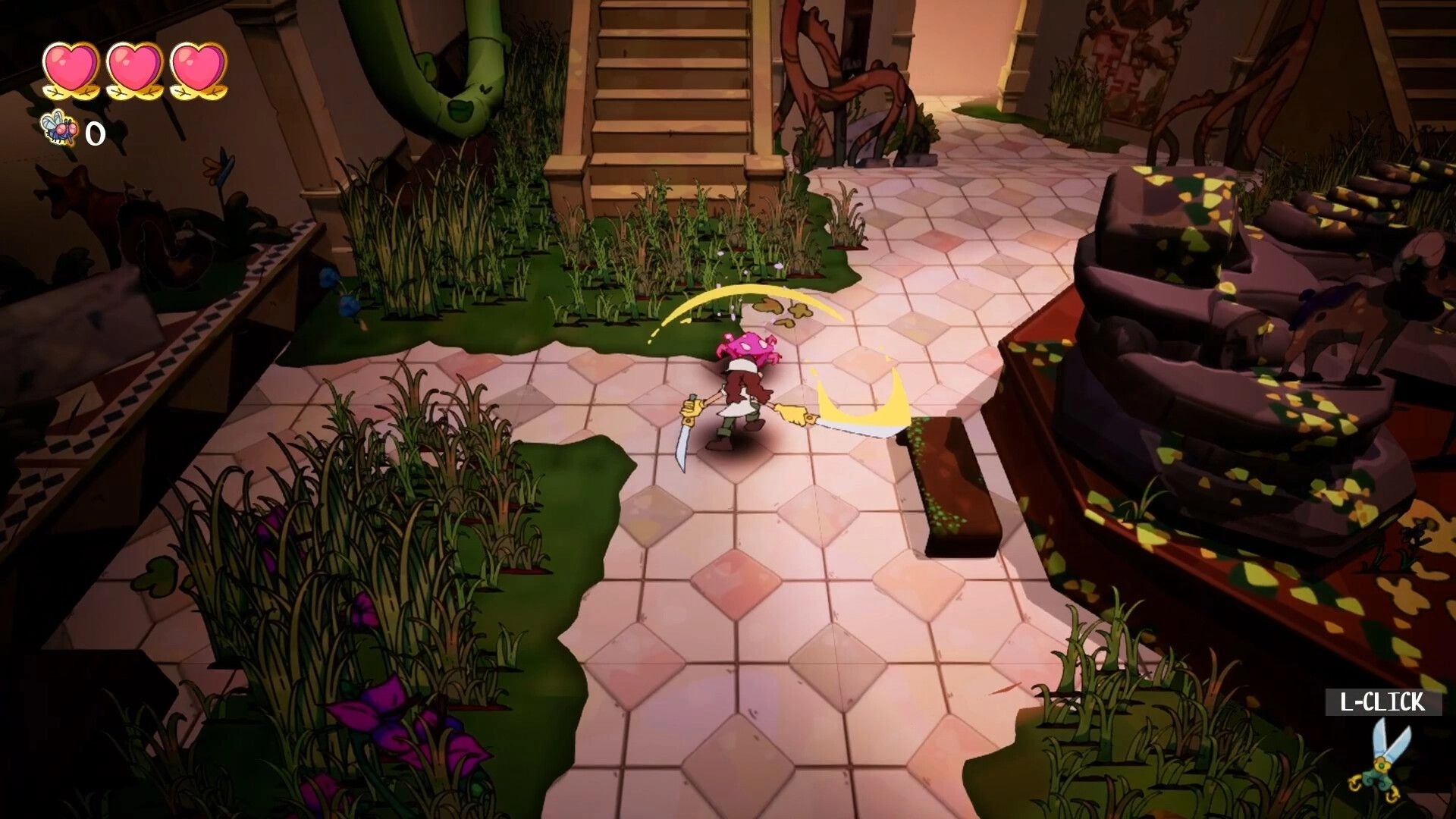 Overgrown!: Player character with swords exploring museum overrun by plants and statues in main hall