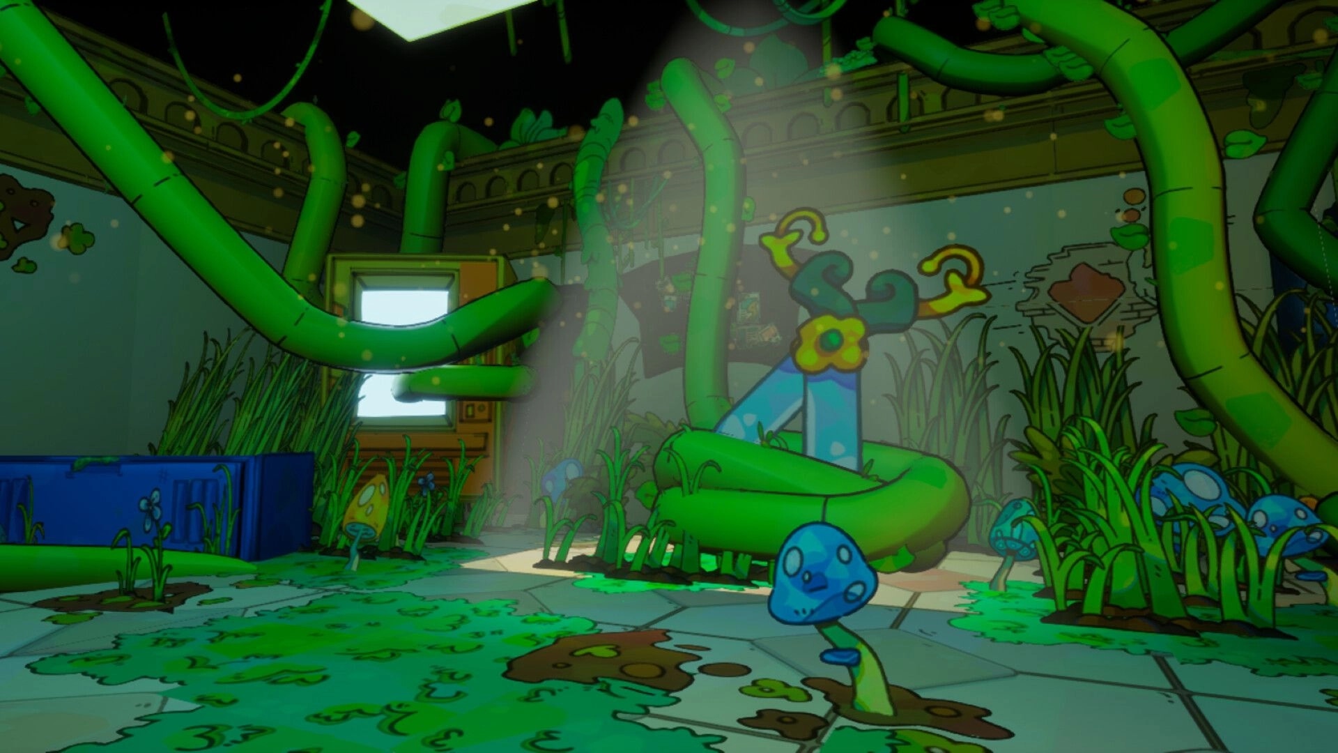 Overgrown!: Sentient plants and fungi overrun a museum exhibit hall with unnatural green light.