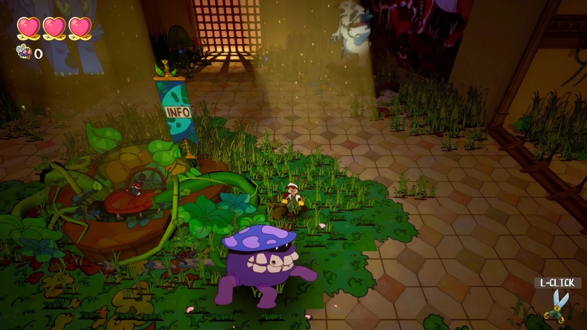 Overgrown!: Player crouches in overgrown museum corridor as a purple mushroom creature approaches.