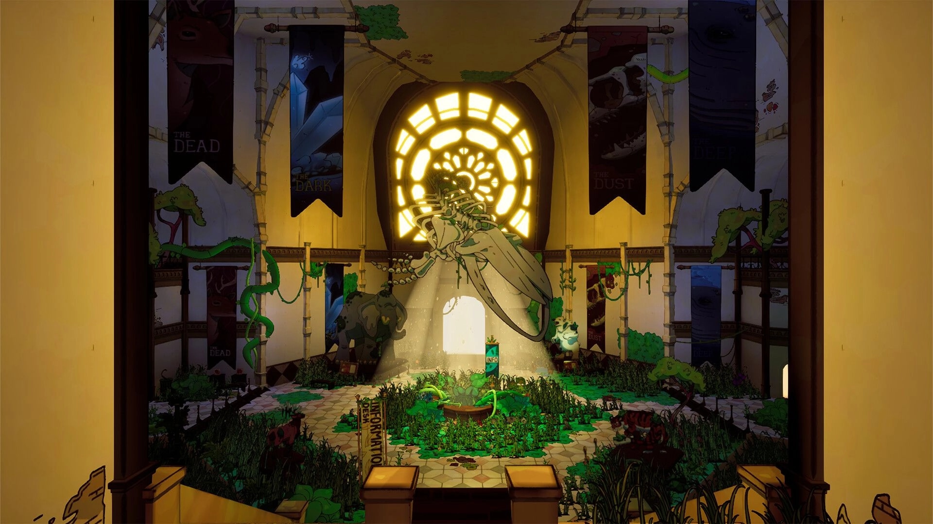 Overgrown!: Overgrown museum atrium with plant life, dinosaur skeleton, and sunlight through stained glass