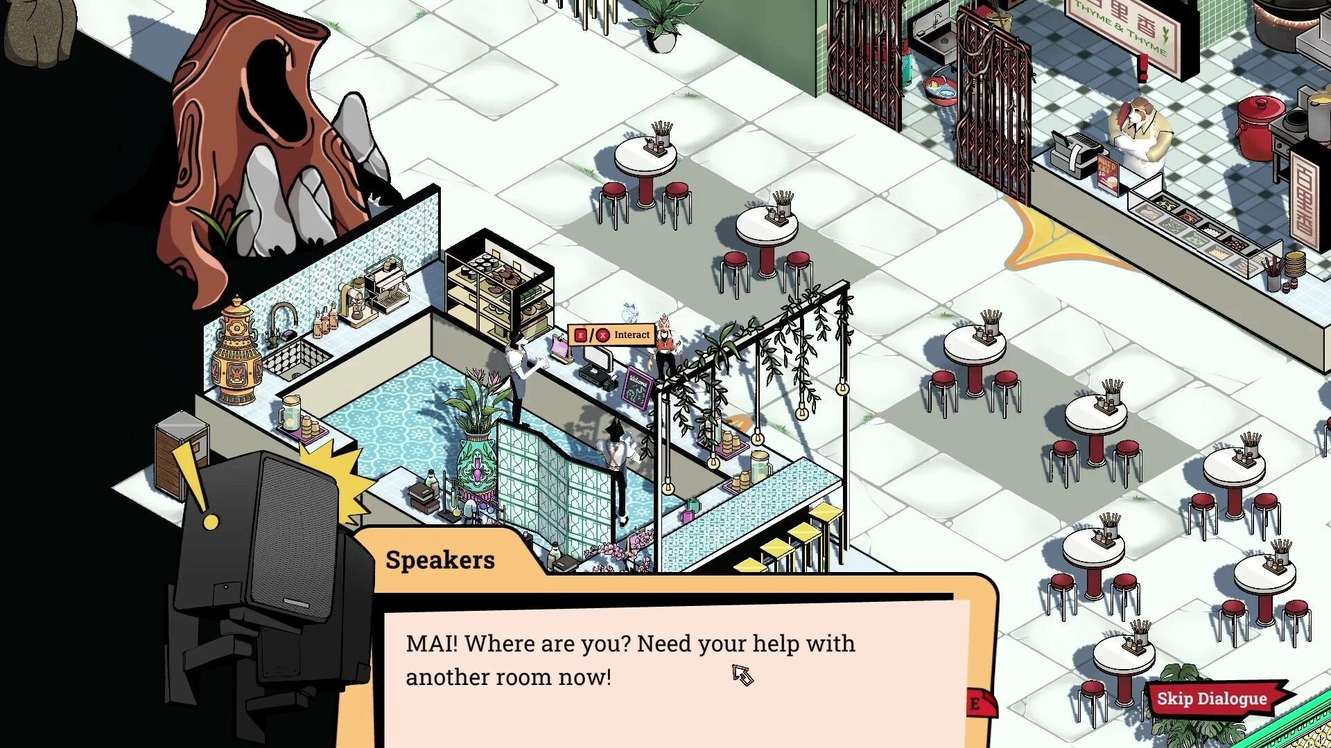 Overhours: Character interacting in a dining area with dialogue box and option to skip dialogue visible.
