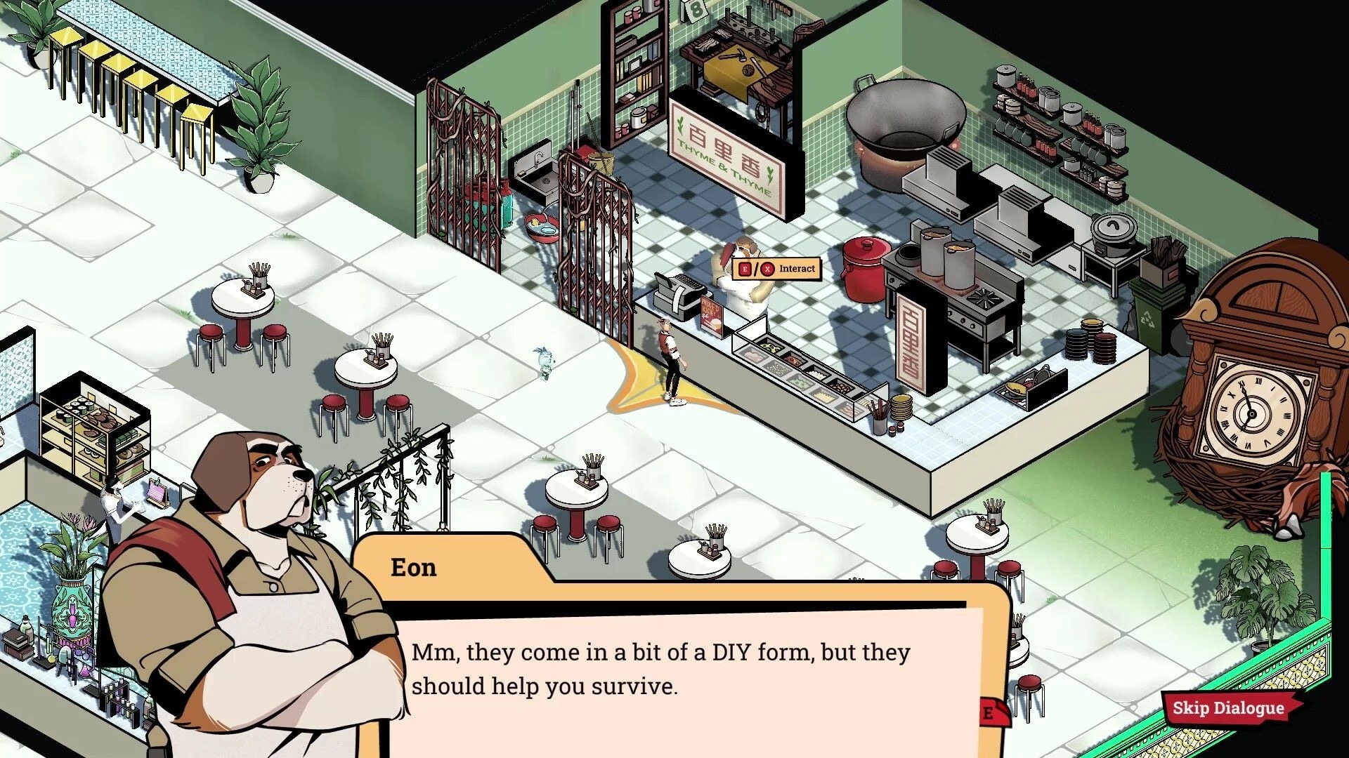 Overhours: Eon gives advice in a diner setting with a dialogue box and interact prompt visible.