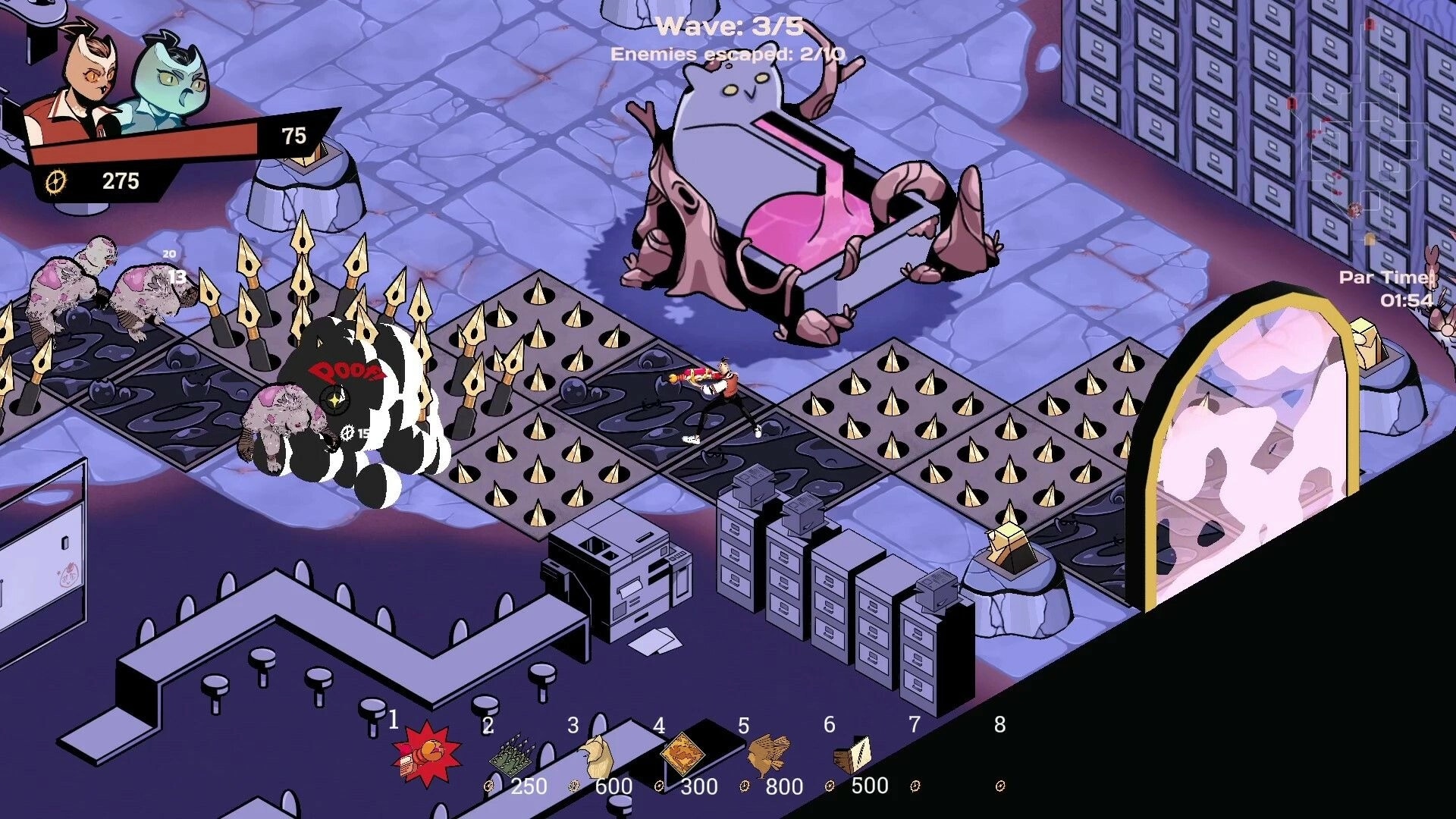 Overhours: Player defends against monsters in an office setting with spike traps and health bars visible.
