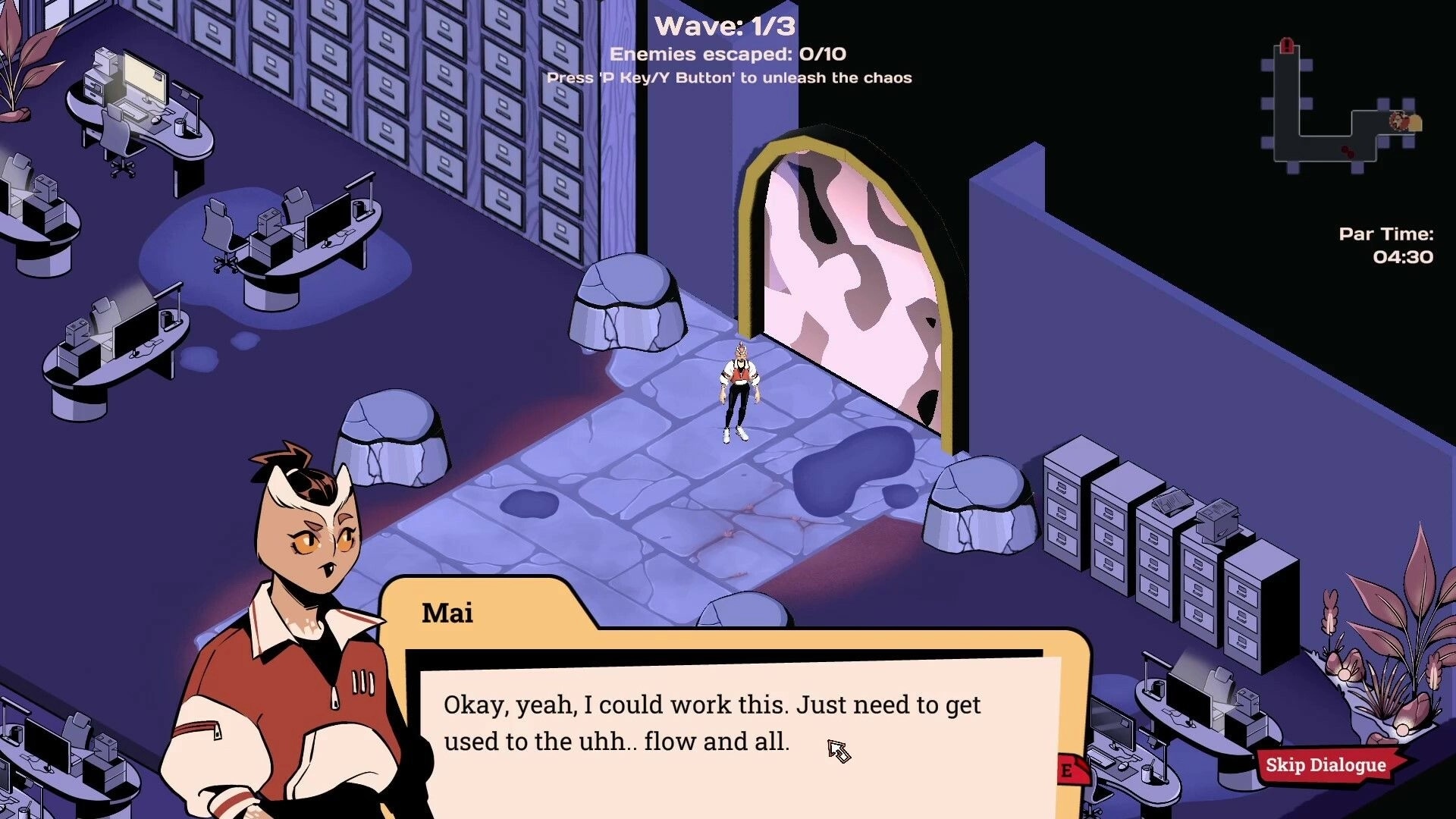 Overhours: Mai stands by a large door in an office environment with dialogue and wave information displayed.