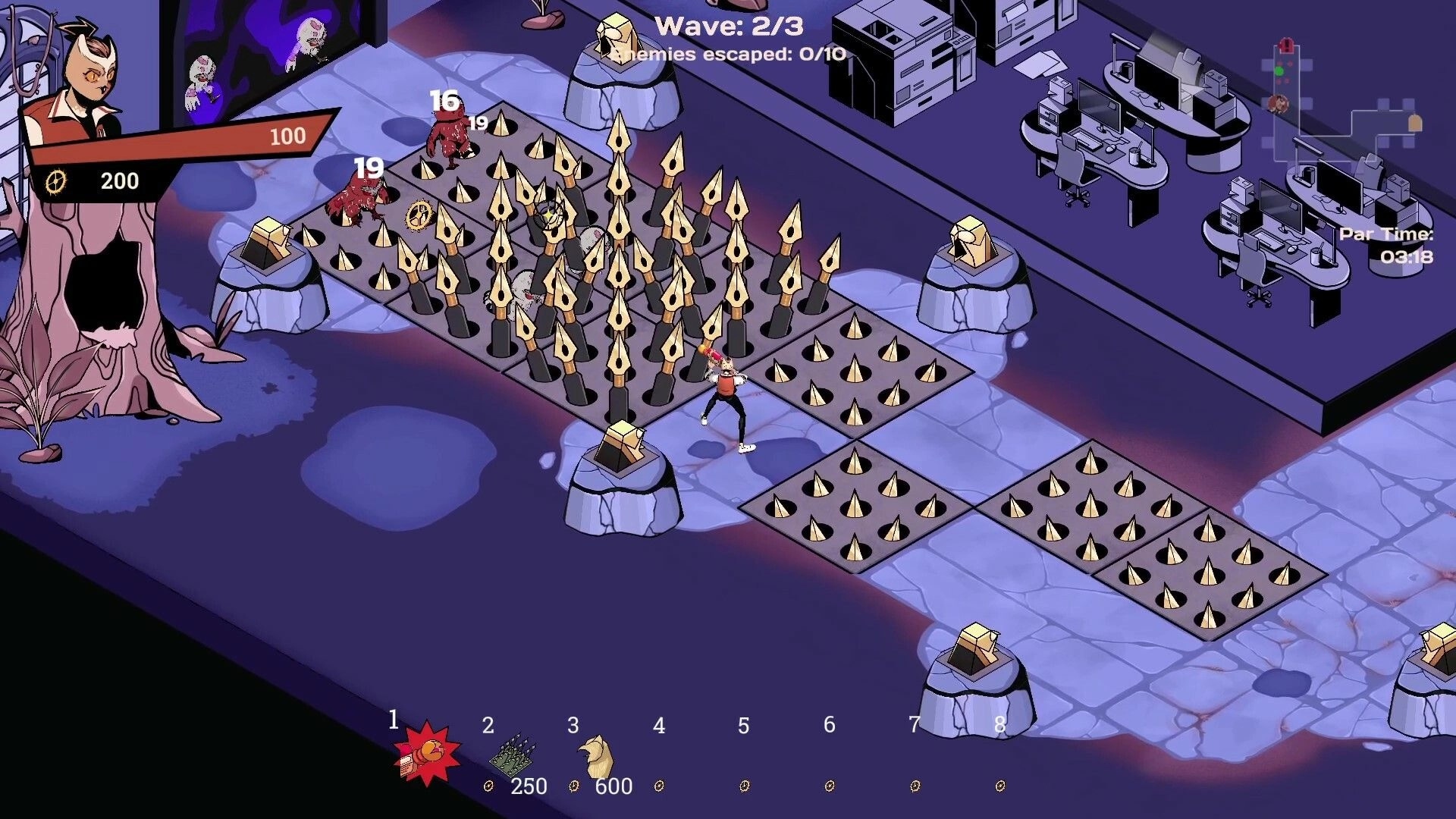 Overhours: Player defends agency entrance with spike traps and monitors enemies in wave 2 of 3