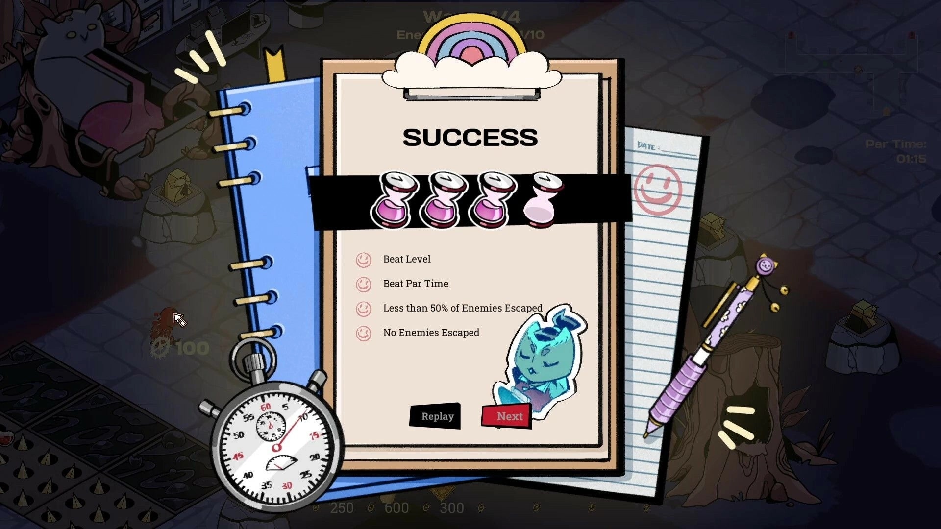 Overhours: Level complete screen showing success checklist with stopwatch and cartoon ghost character