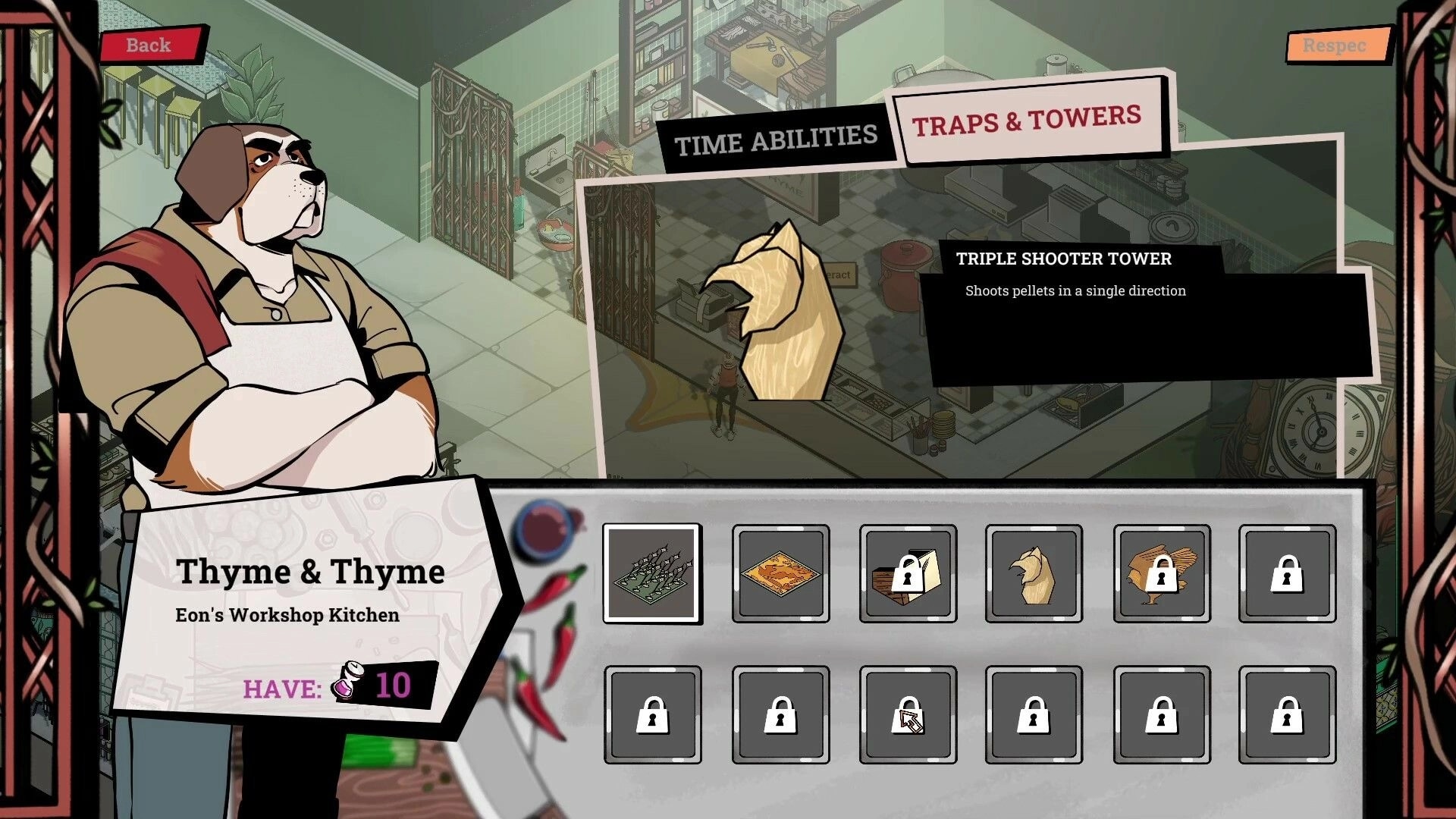 Overhours: Thyme & Thyme character in workshop with traps and towers menu, Triple Shooter Tower selected