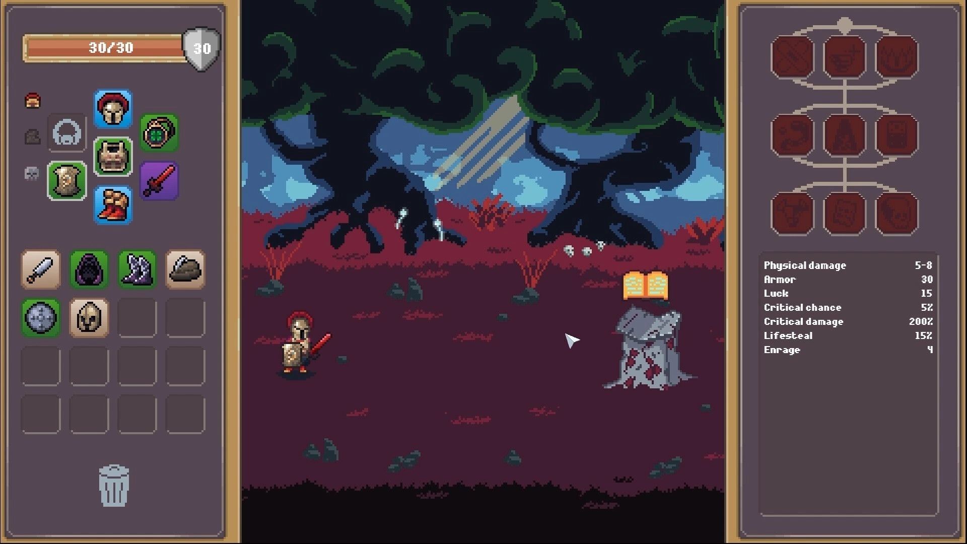 Overlooting: Character in red helmet in forest with inventory and skill tree visible on screen sides