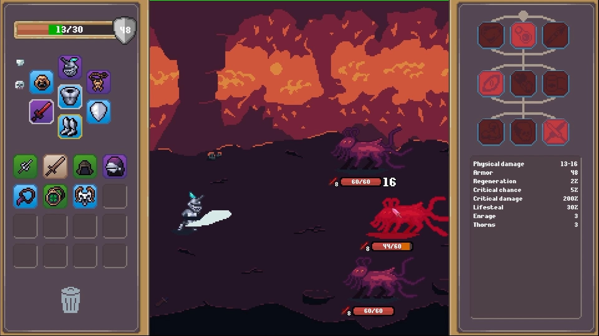 Overlooting: Knight battling monsters in cavern with inventory and skill tree displayed on the sides