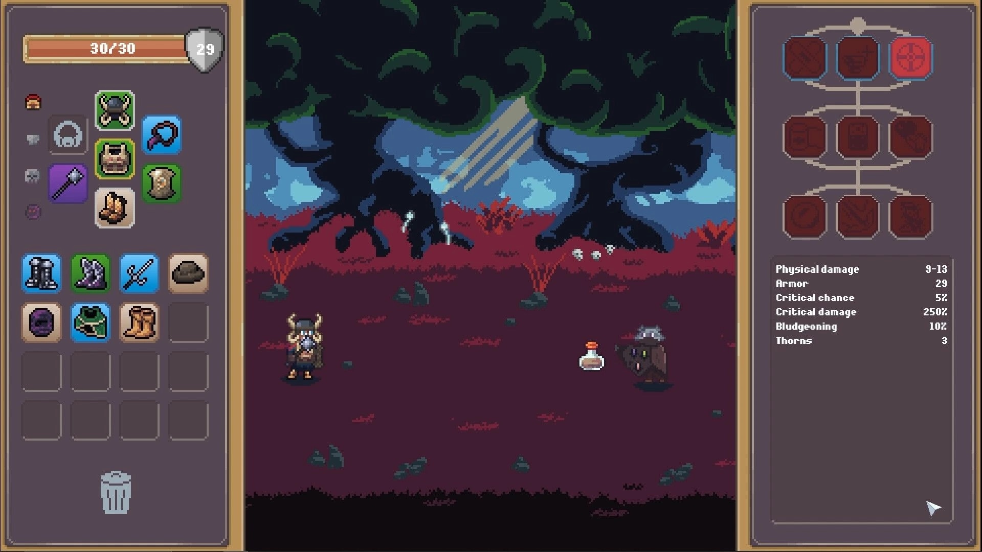Overlooting: Character battle in forest clearing with inventory and skill tree displayed on screen