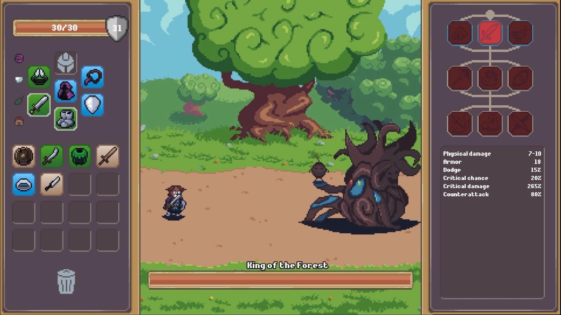 Overlooting: Player facing "King of the Forest" boss with inventory and skill tree UI visible in forest setting.