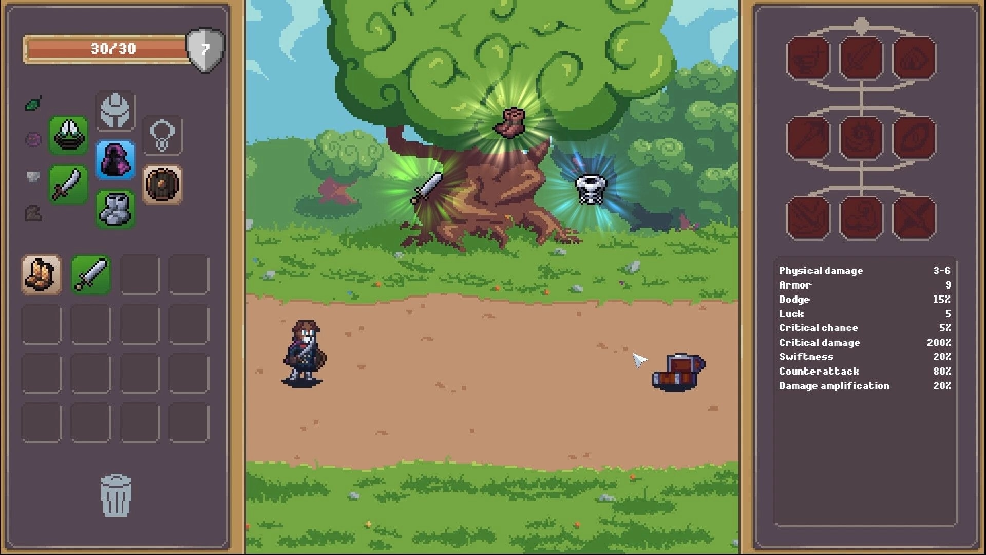 Overlooting: Character in forest with inventory menu and skill tree, items glowing near large tree