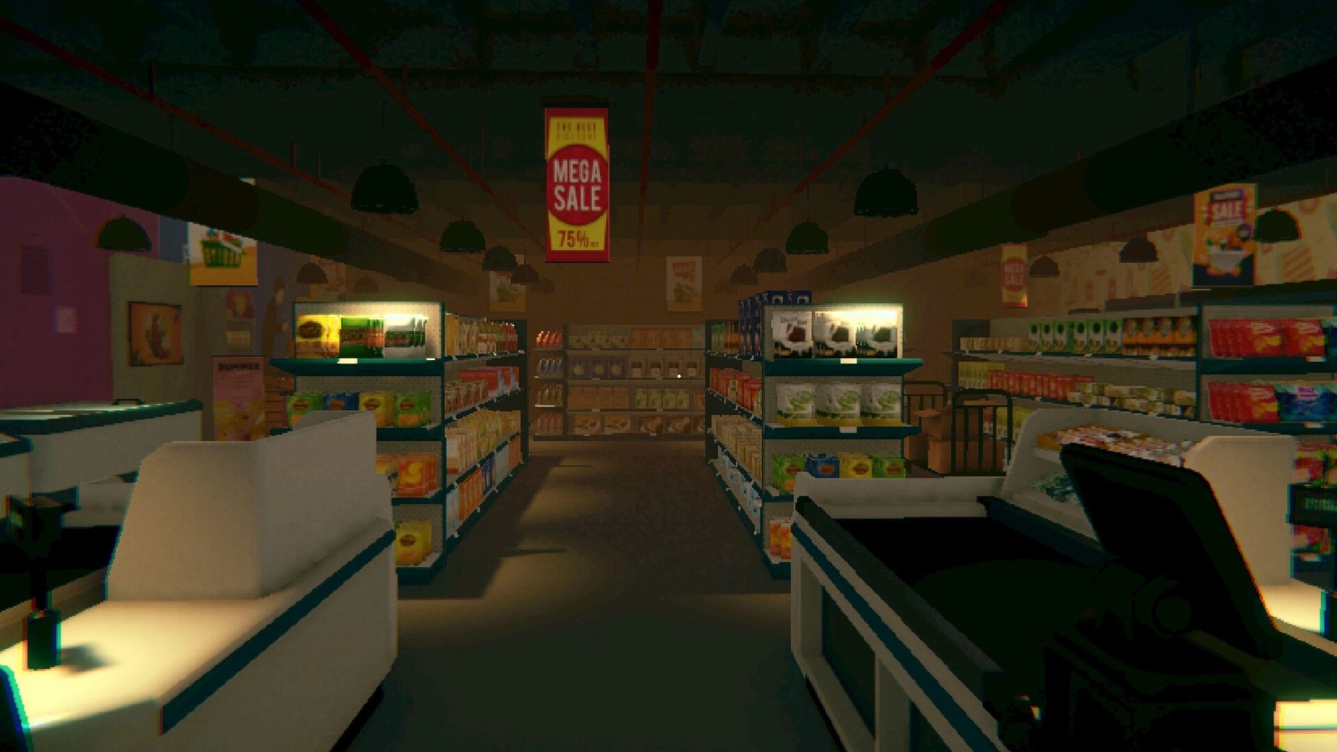 Overnight Interview: Dimly lit retail store interior with shelves of products and a mega sale sign above.