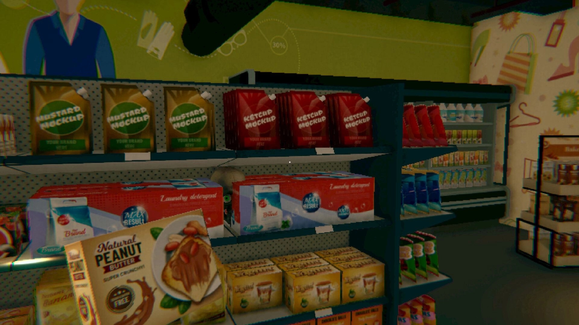 Overnight Interview: Shelves stocked with mockup products in a dimly lit retail store environment