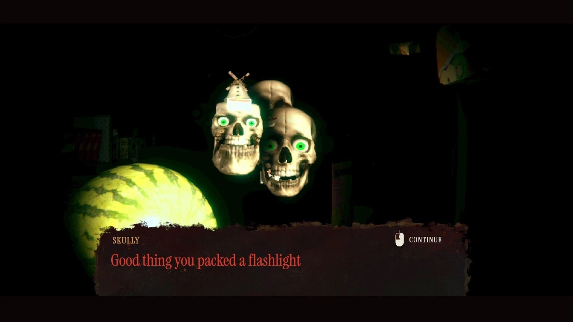 Overnight Interview: Skully's dialogue with floating skulls in a dark room with glowing green eyes.
