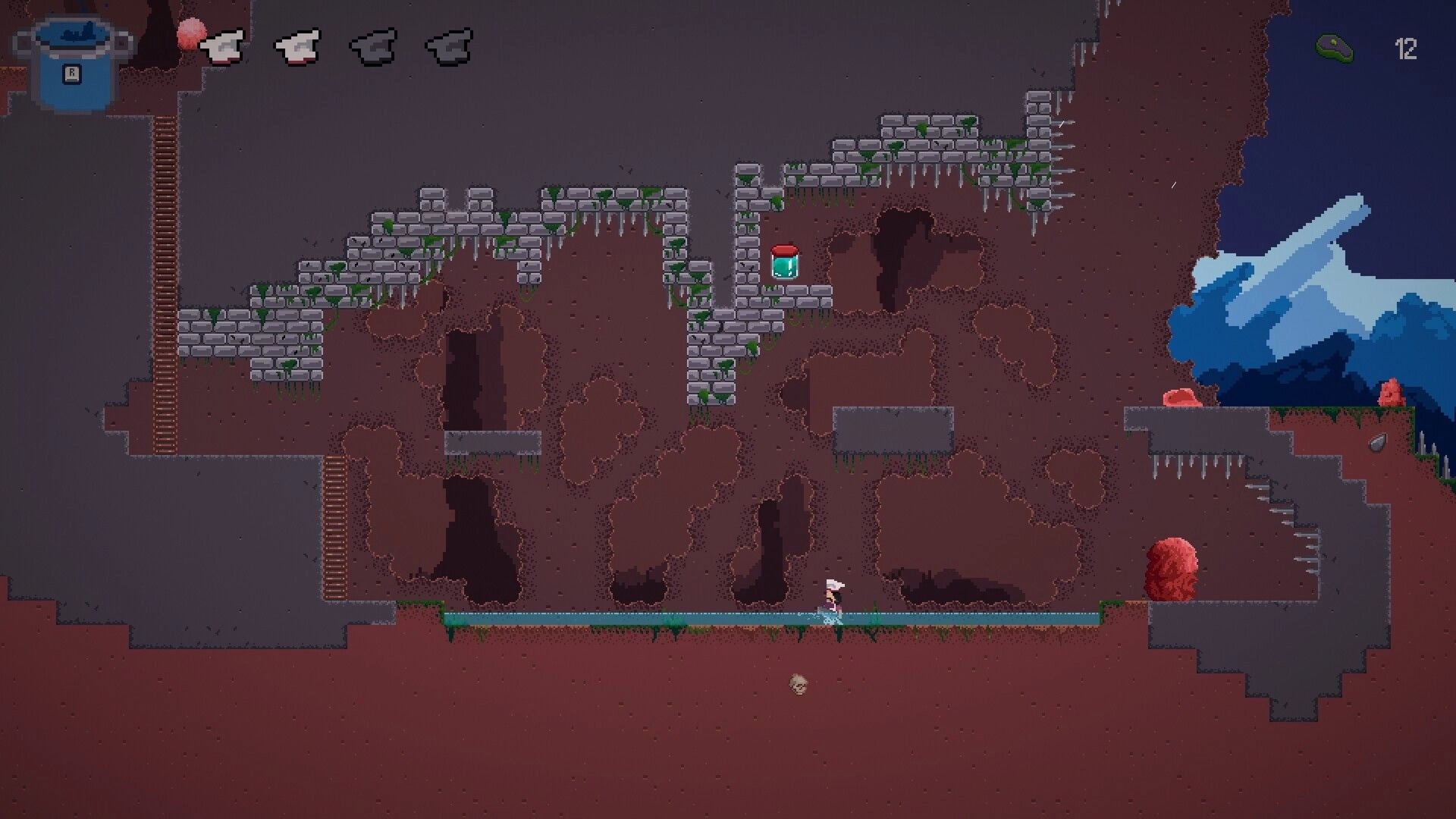 Pablo’s Journey: Pablo runs through a rocky cave level with ladders, spikes, and key counter UI.