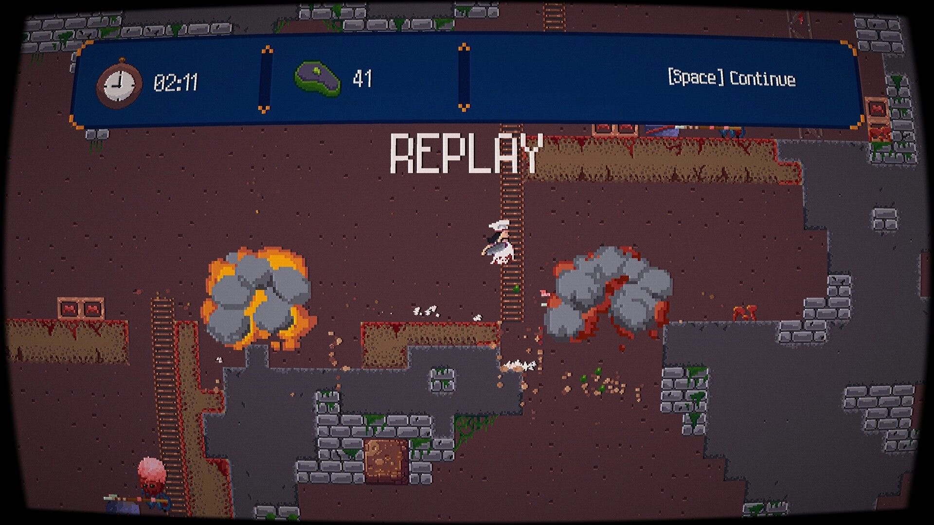 Pablo’s Journey: Replay screen over cavern platforming with ladders, timer 02:11, score 41, Space continue.