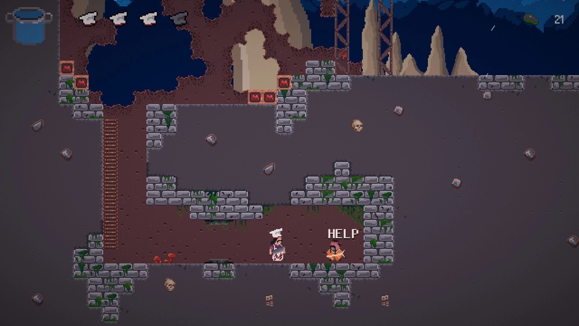 Pablo’s Journey: Pablo approaches a trapped chef yelling HELP in a crumbling underground ruin level UI visible.