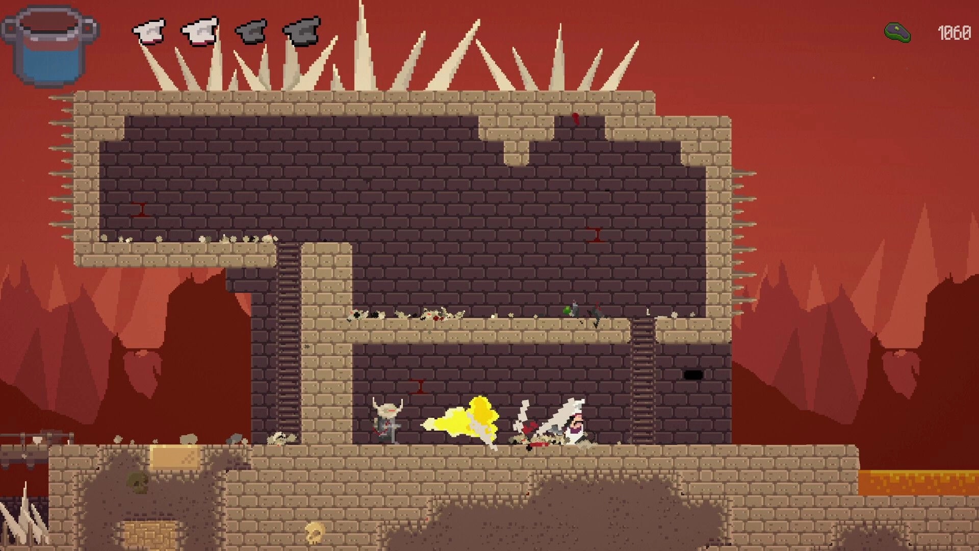 Pablo’s Journey: Sword slash hits an enemy in a spiked brick dungeon with ladders and score UI.