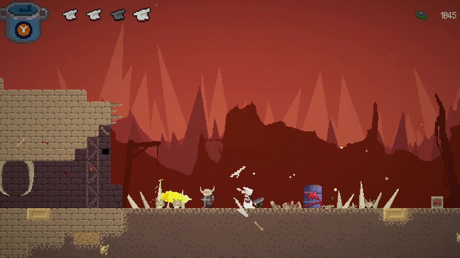 Pablo’s Journey: Side-scrolling fight near stone ruins and spikes, with hearts UI and score counter.