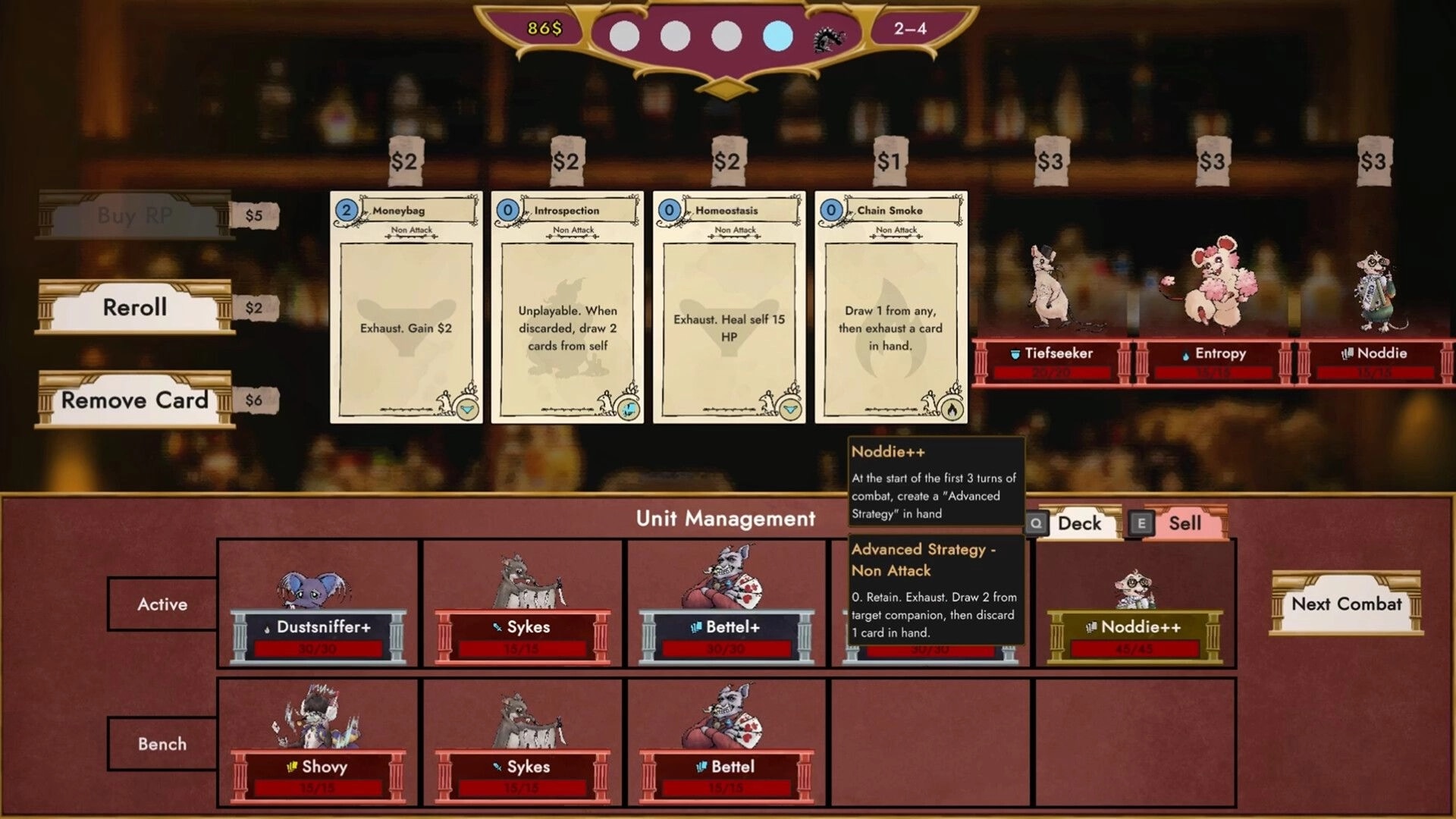 Paccarat: Card selection and unit management interface with various rat characters and card options.