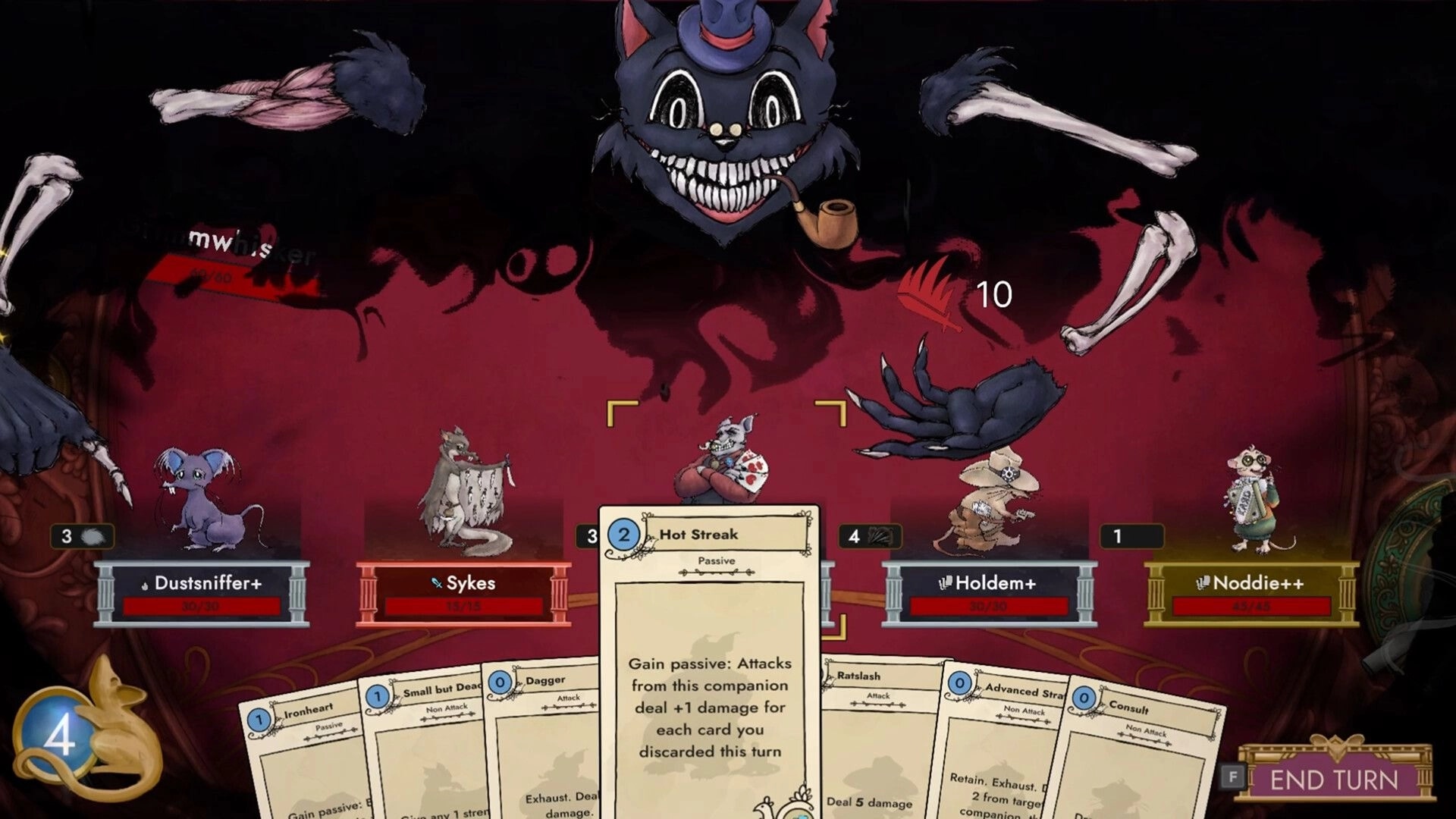 Paccarat: Combat scene with four rats, card menu open, and a large cat enemy in a dark red room