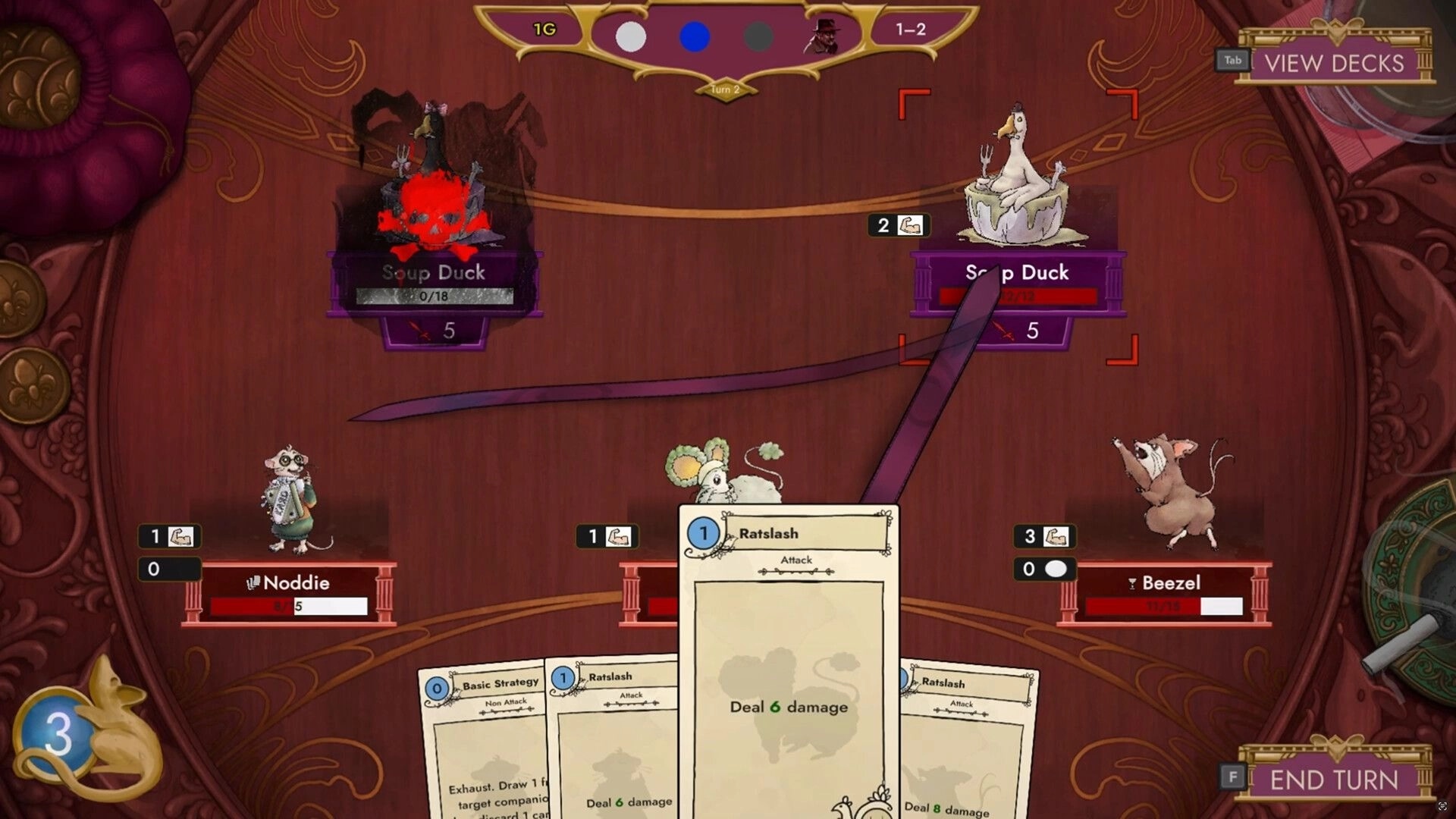 Paccarat: Combat with Soup Duck and rat allies Noddie and Beezel, displaying attack cards in use