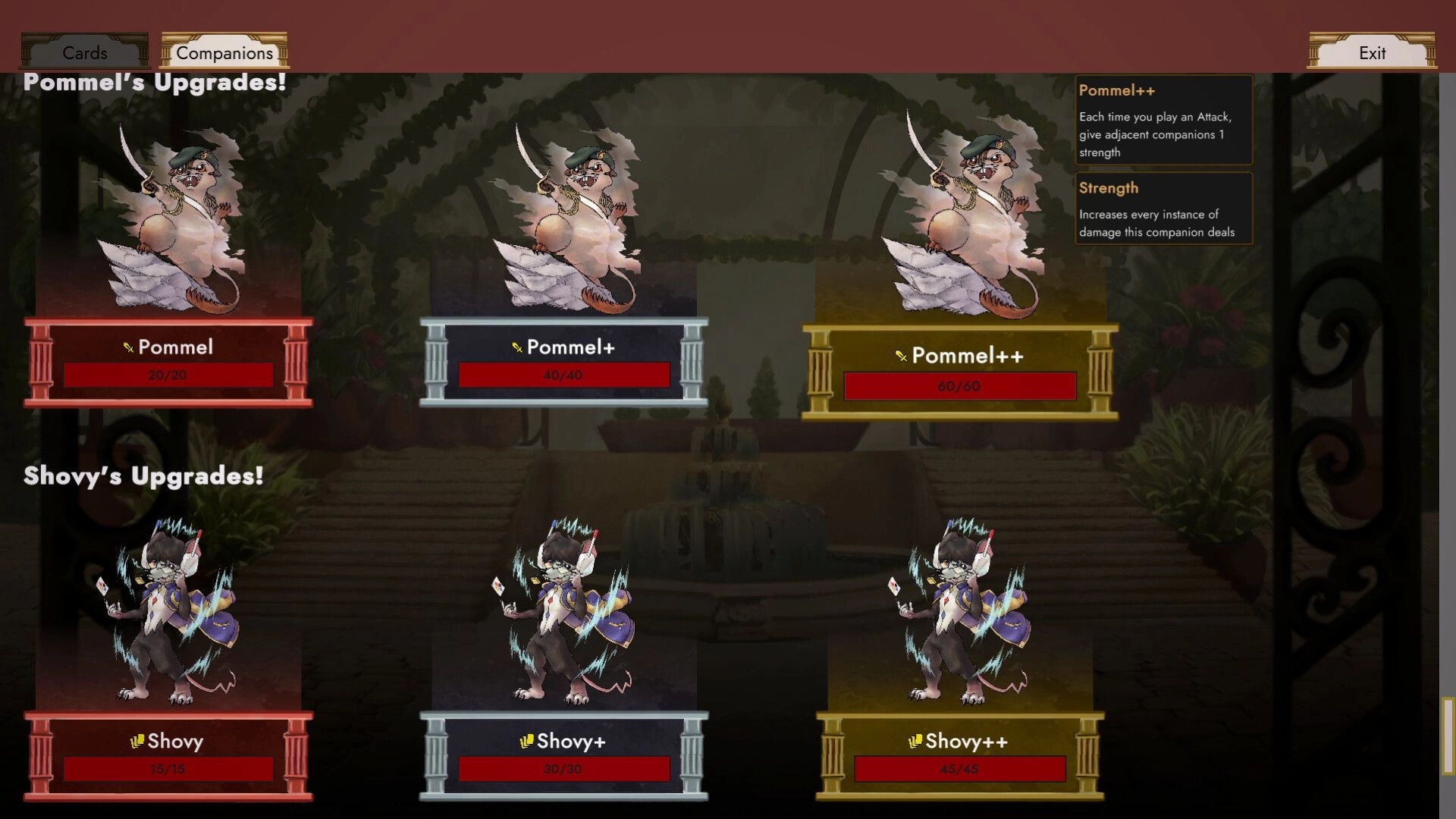 Paccarat: Character upgrade menu with Pommel and Shovy options in a garden setting